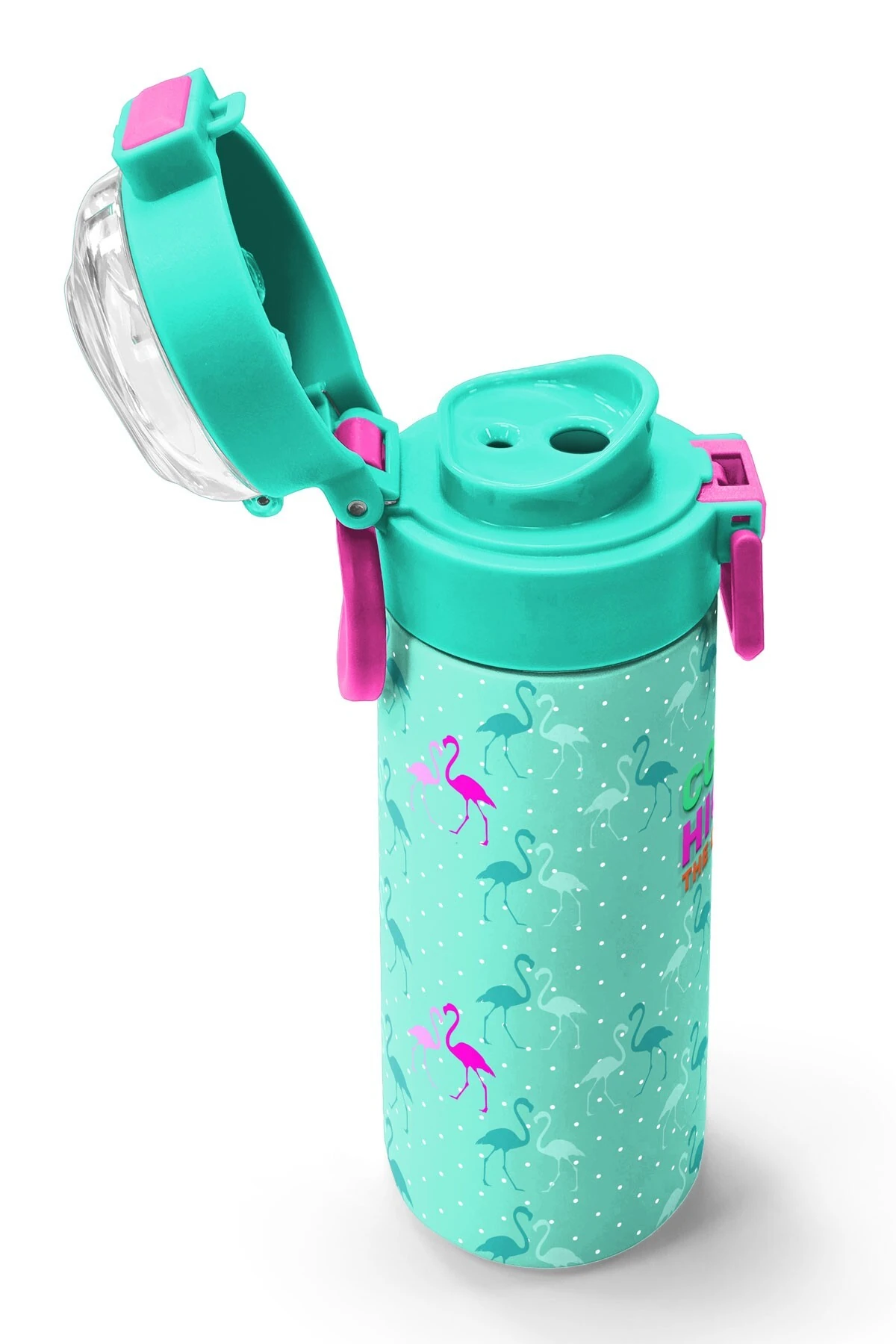 Coral High Kids Su Yeşili Neon Pembe Flamingo Desenli Pipetli ve Direkt İçim Çelik Termos 500 ml