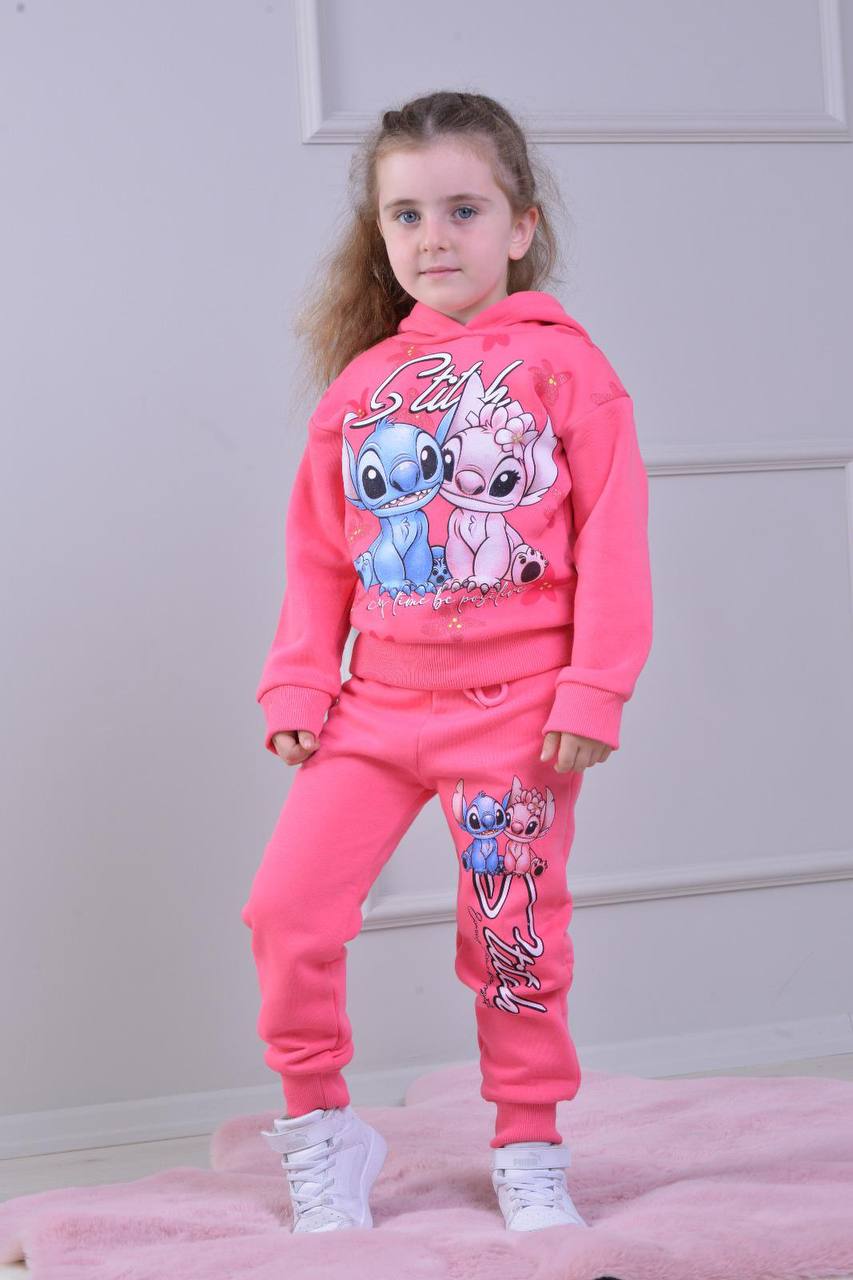 3-10 Yaş Kız Çocuk Stitch Baskılı 3 İplik Şardonlu Eşofman Takımı