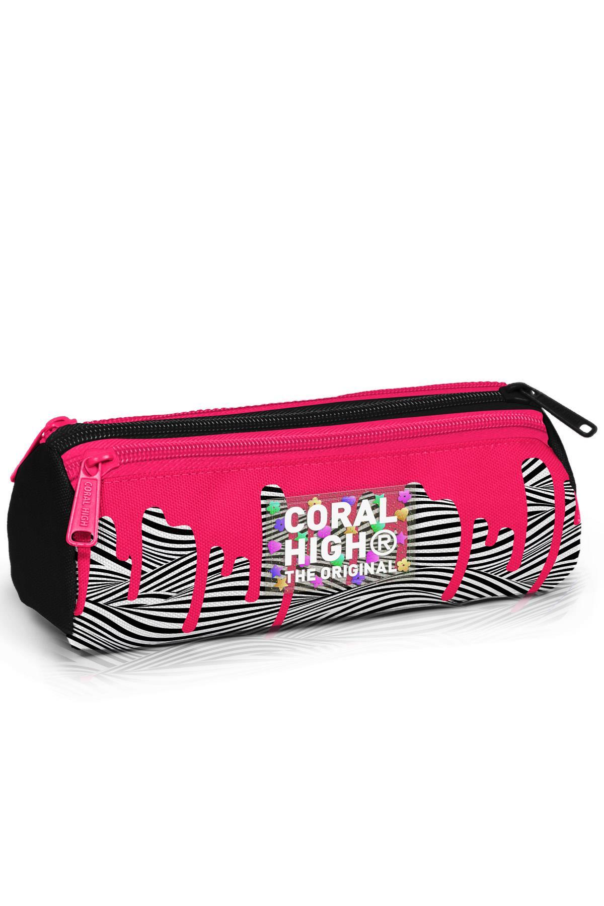 Coral High Kids Pembe Siyah Beyaz Desenli Üç Bölmeli Kalem Çantası