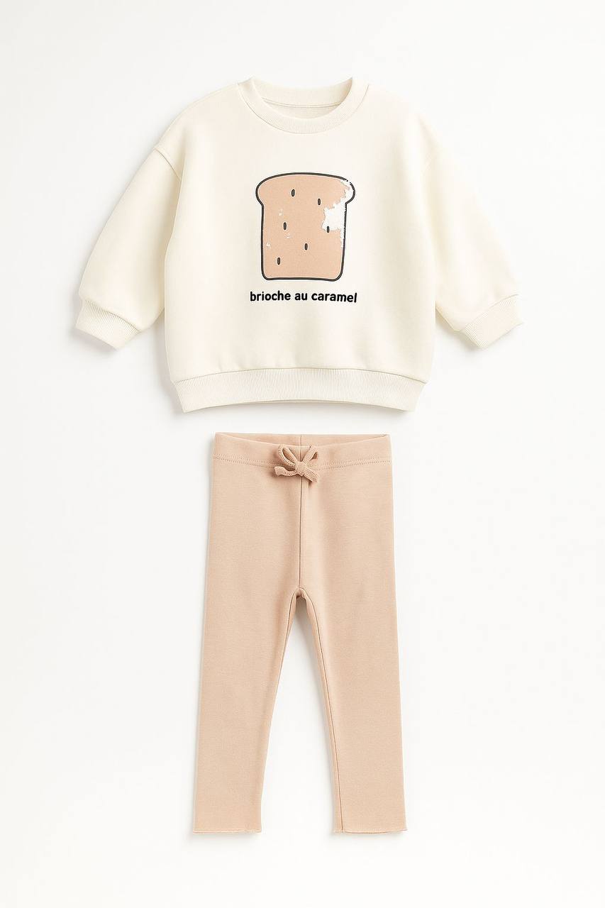 2-7 Yaş Kız Çocuk Karamel Ekmek Baskılı Takım
