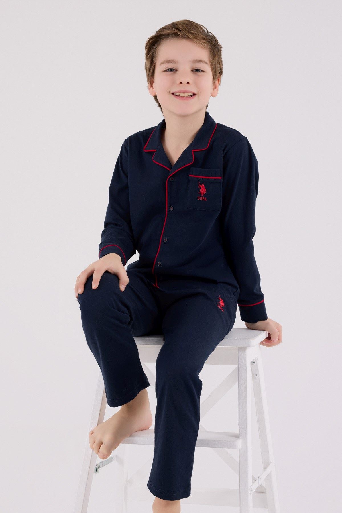 4-15 Yaş Lisanslı Us Polo Assn Erkek Çocuk Pijama Takım-Lacivert