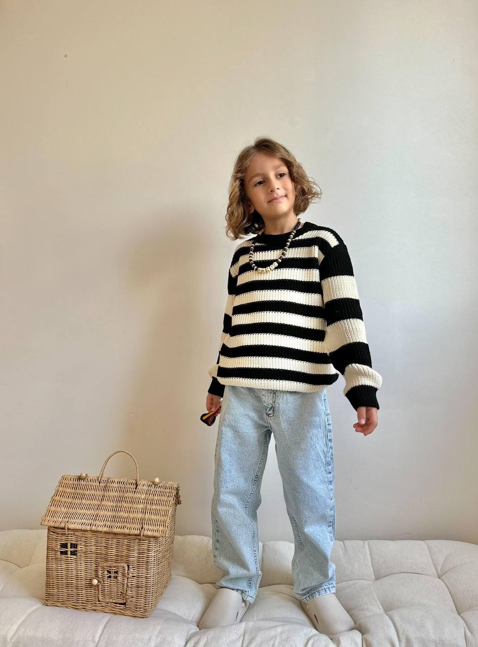 3-10 Yaş Erkek Çocuk Çizgili Triko Kazaklı Jean Pantolon Takım