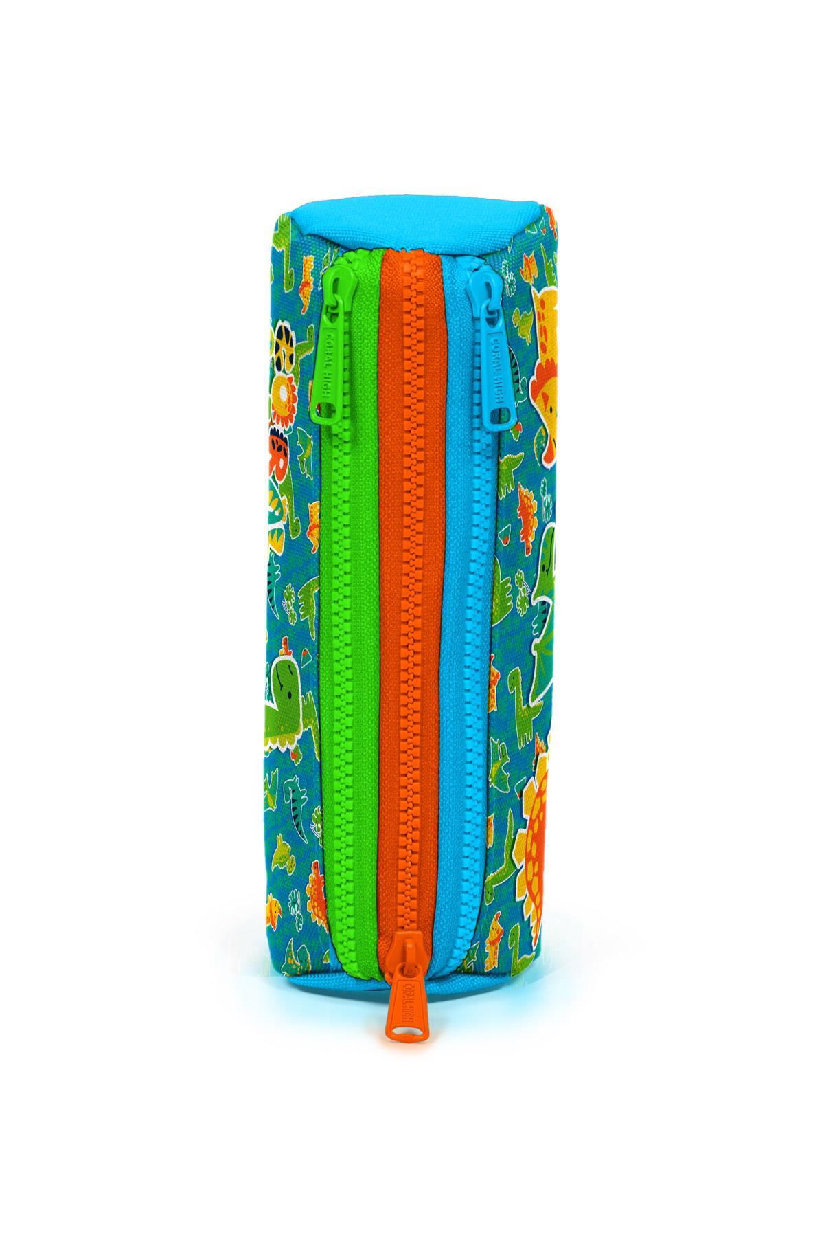 Coral High Kids Mavi Yeşil Dinozor Desenli Üç Bölmeli Kalem Çantası 