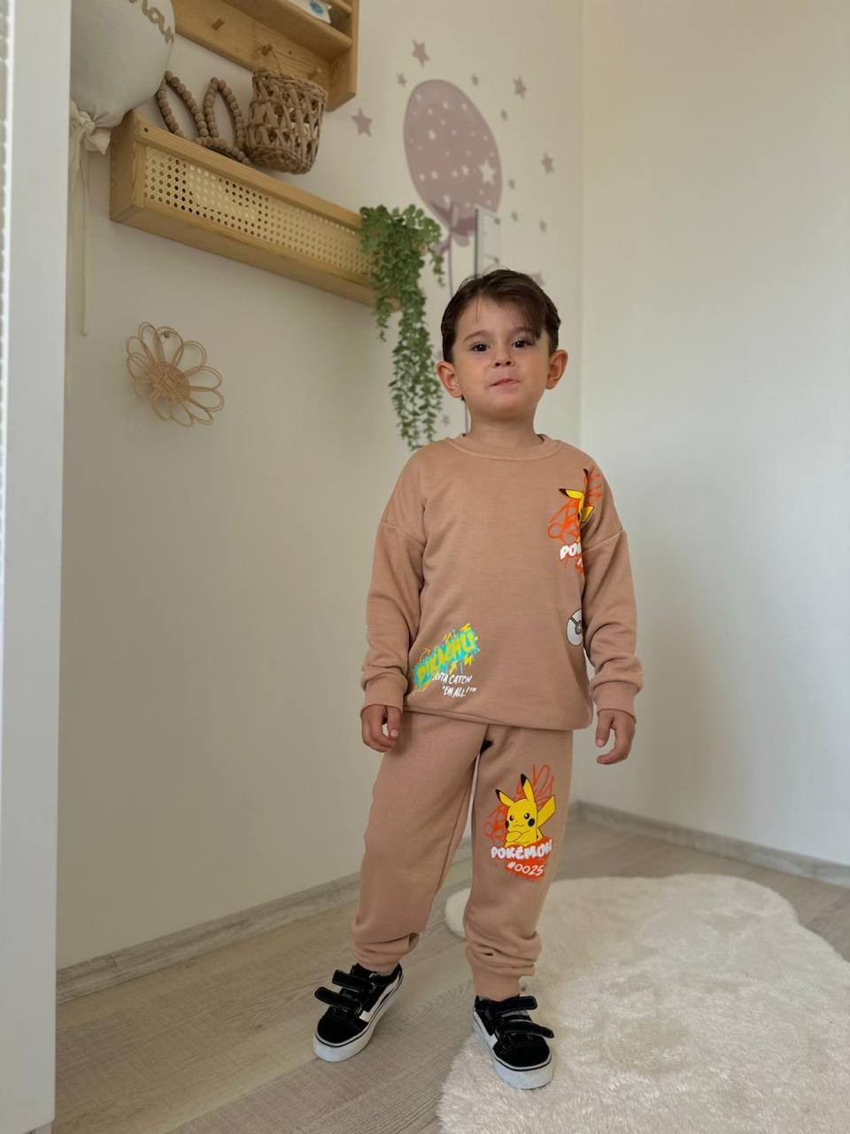 3-10 Yaş Erkek Çocuk Pokémon Pikachu Baskılı Bej Eşofman Takımı