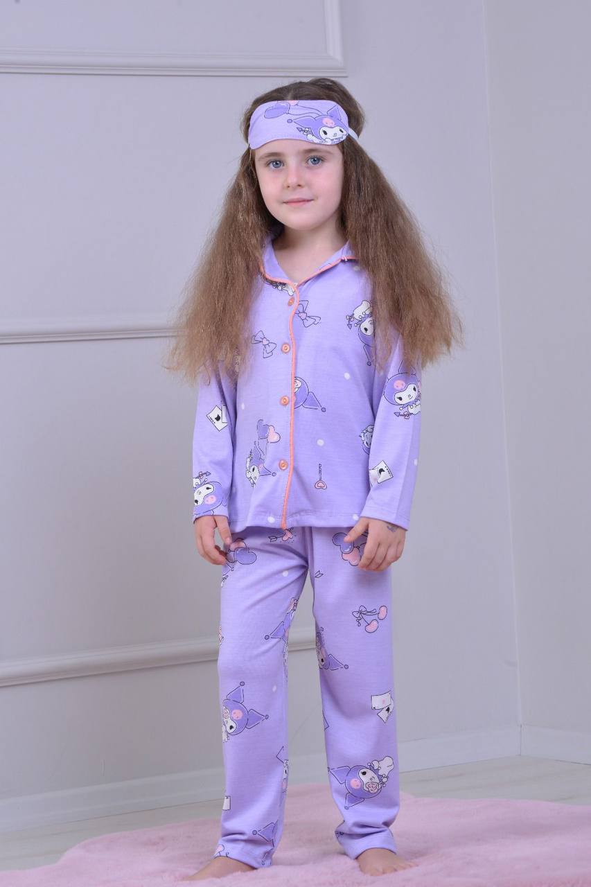 4-12 Yaş Kız Çocuk Mor Kuromi Desenli Göz Bantlı Uzun Kollu Pijama Takımı