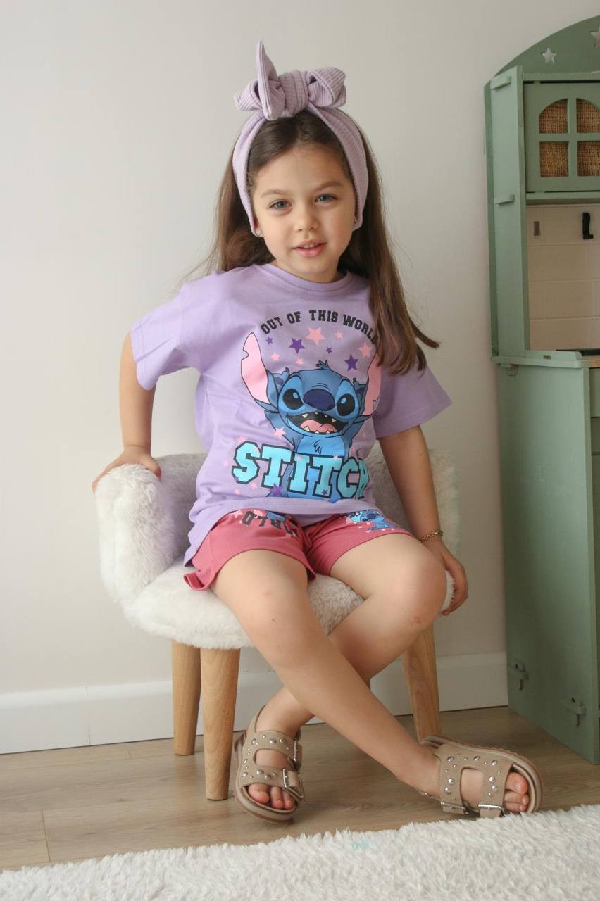 3-10 YAŞ KIZ ÇOCUK STITCH OUT OF WORLD ŞORT TAKIM - LİLA