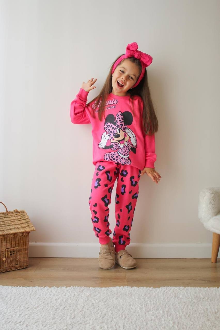 3-10 Yaş Kız Çocuk Minnie Mouse Baskılı Leopar Desenli Pembe Eşofman Takımı