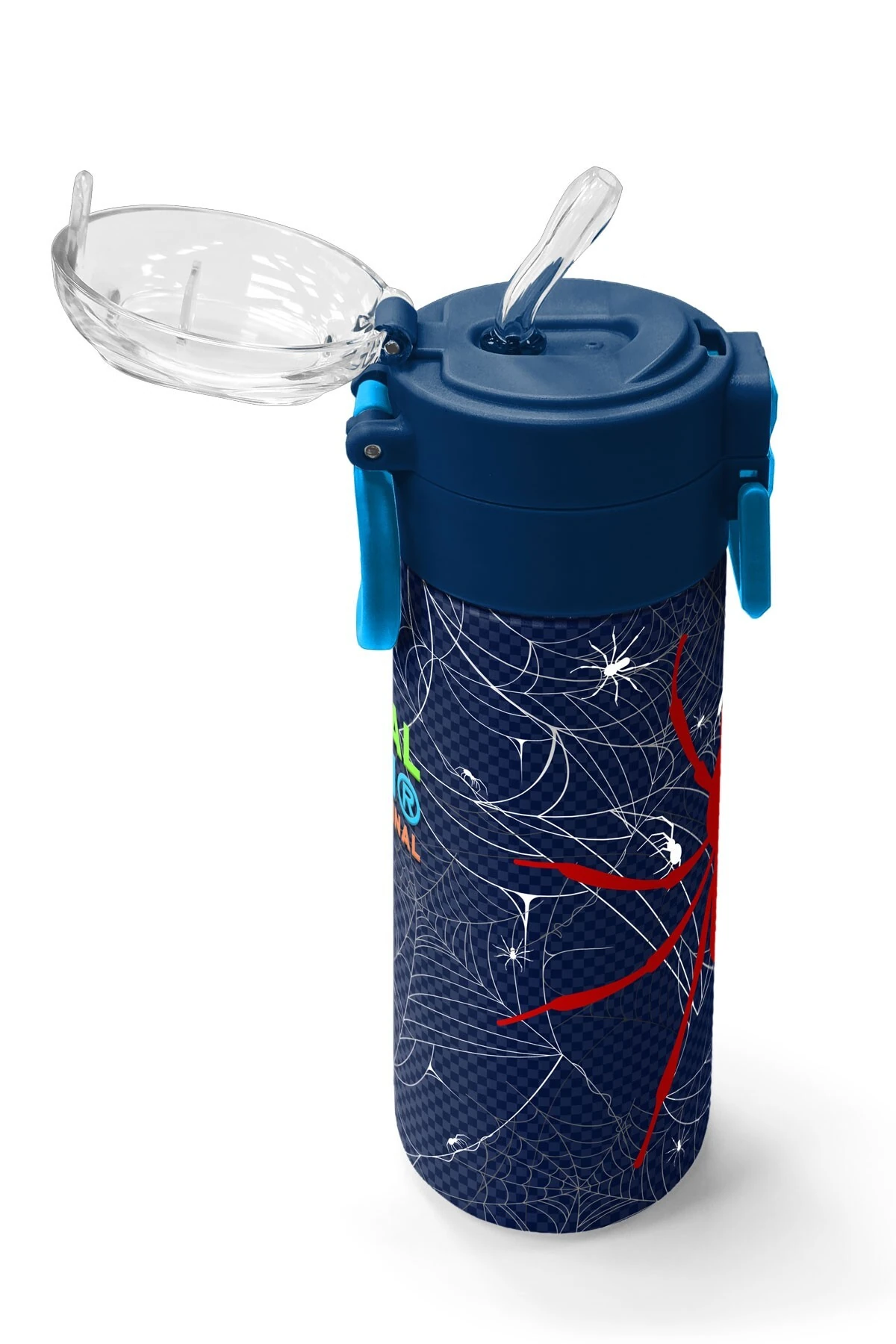 Coral High Kids Lacivert Kırmızı Örümcek Desenli Pipetli ve Direkt İçim Çelik Termos 500 ml