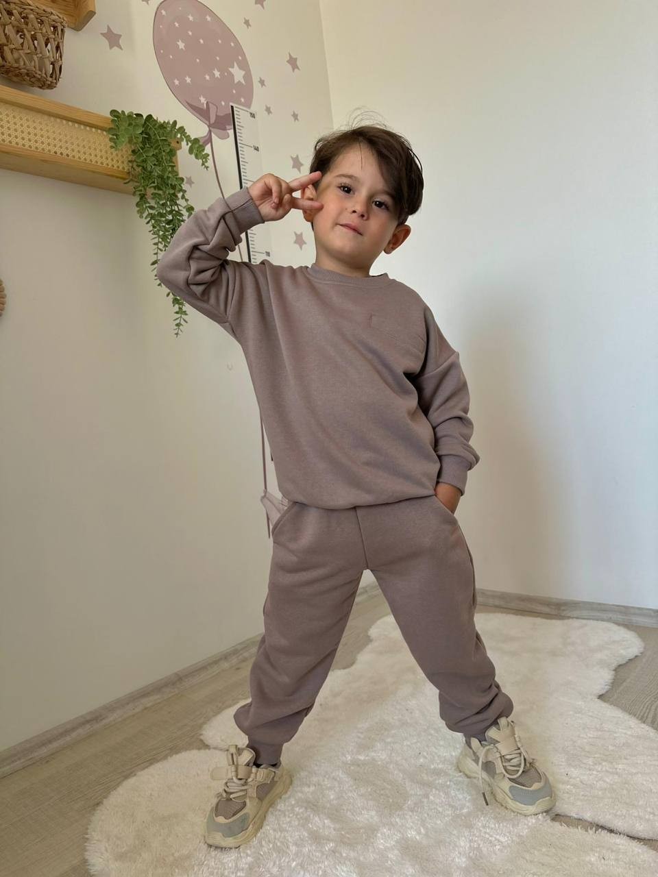 3-10 Yaş Basic Düz Renk Çocuk Eşofman Takımı – Kahverengi