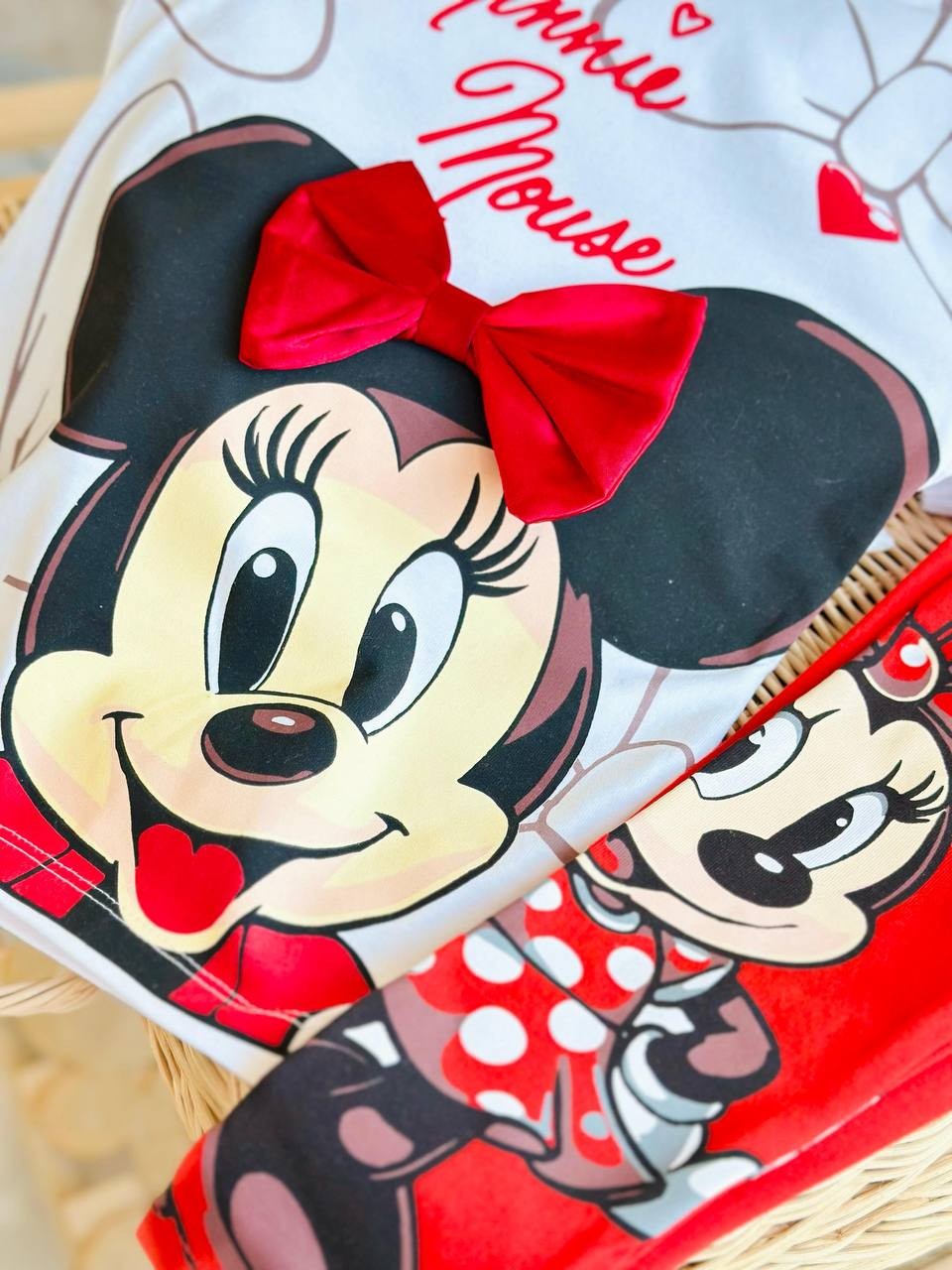 2-8 YAŞ KIZ ÇOCUK MINNIE KIRMIZI KURDELA DETAY TAYT TAKIM