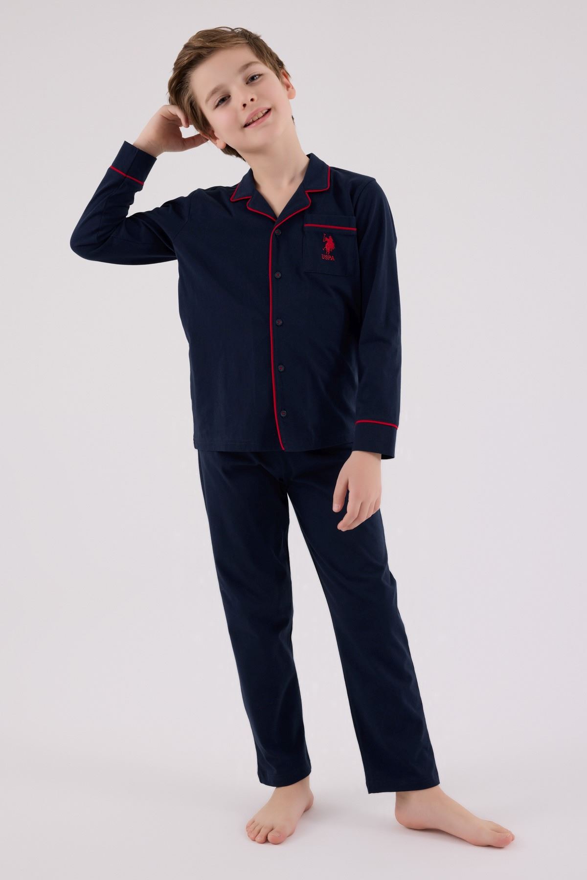 4-15 Yaş Lisanslı Us Polo Assn Erkek Çocuk Pijama Takım-Lacivert