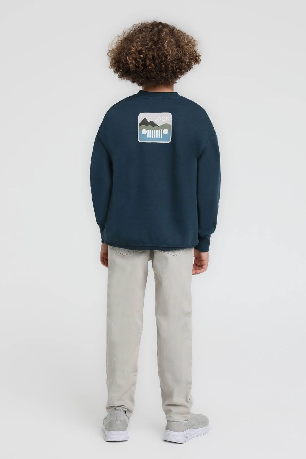 4-14 Yaş Erkek Çocuk Petrol Rengi Baskılı Sweatshirt ve Açık Gri Pantolon Takım