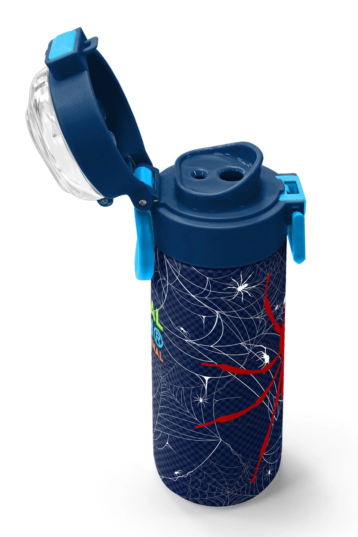 Coral High Kids Lacivert Kırmızı Örümcek Desenli Pipetli ve Direkt İçim Çelik Termos 500 ml
