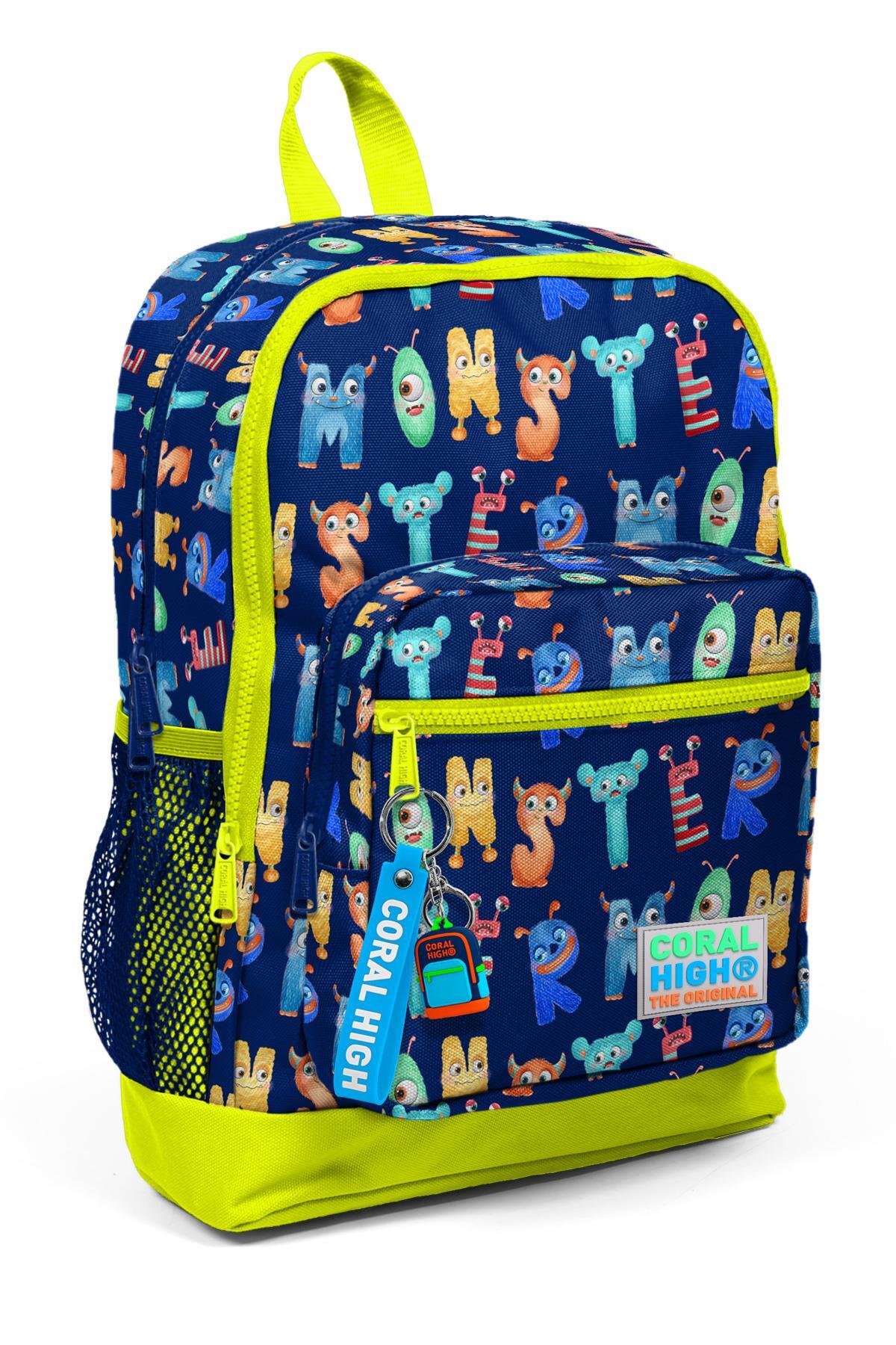 Coral High Kids Lacivert Neon Sarı Monster Desenli Dört Bölmeli Okul Sırt Çantası