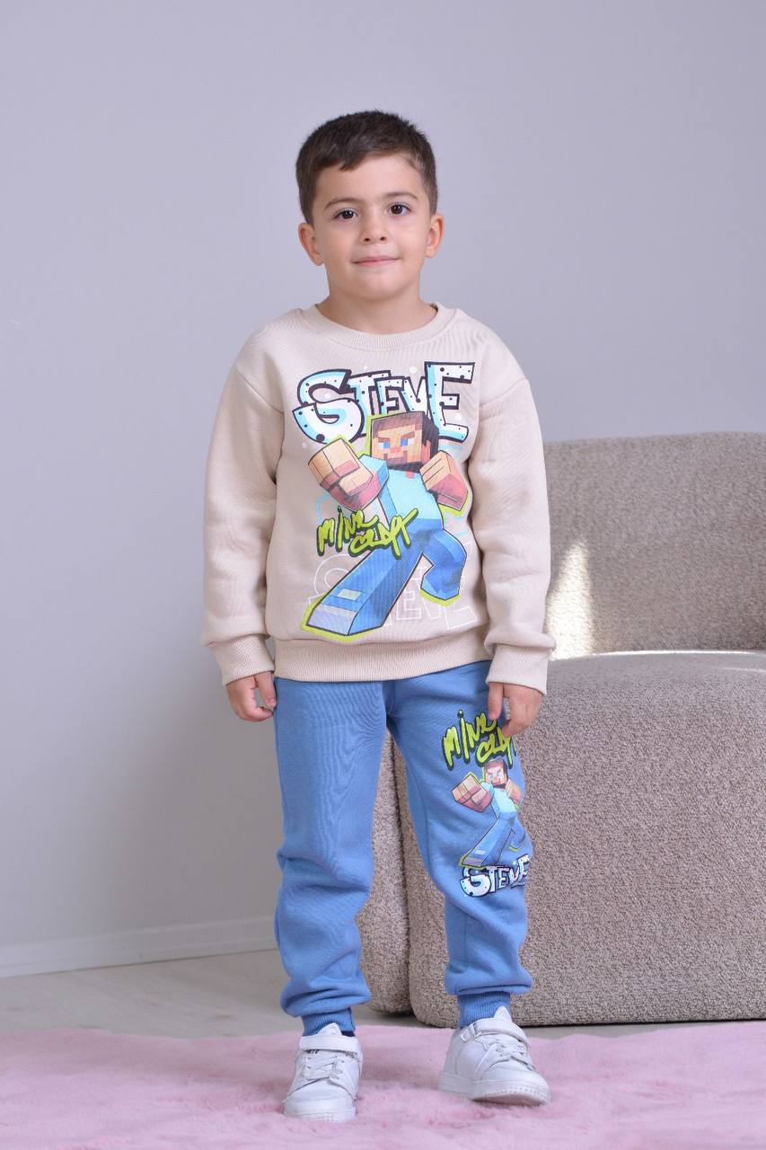 3-10 Yaş Erkek Çocuk Steve Baskılı 3 İp Şardonlu Eşofman Takımı