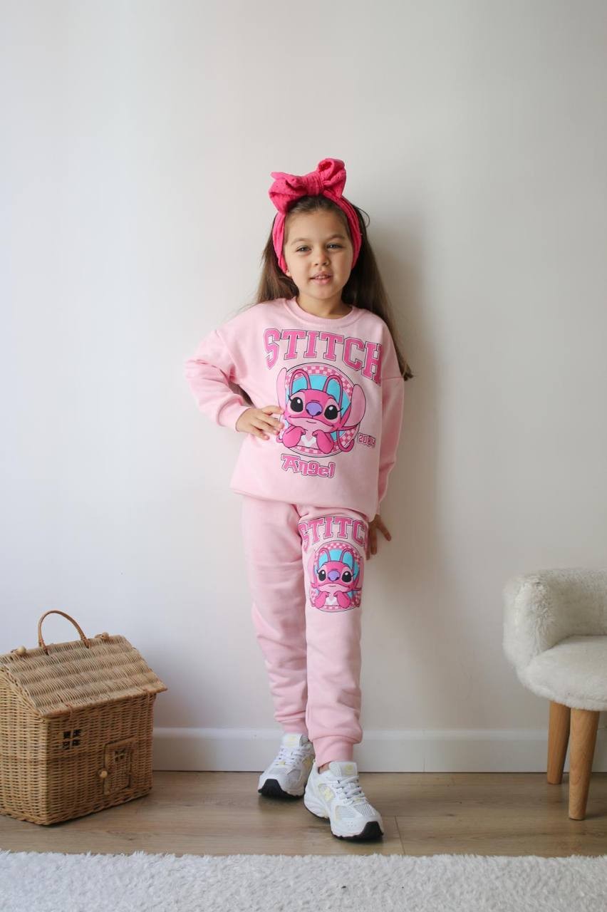 3-10 Yaş Stitch Angel Baskılı Çocuk Eşofman Takımı – Pembe
