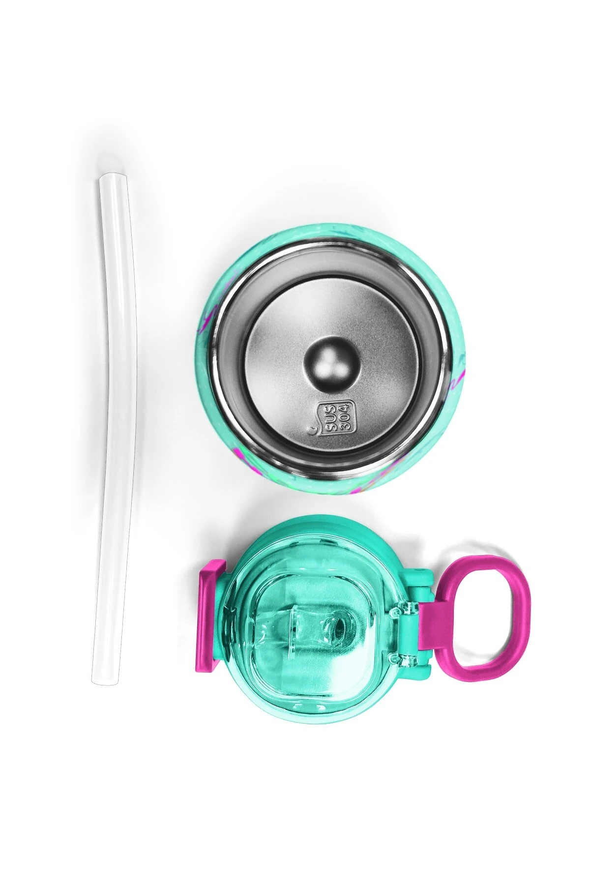 Coral High Kids Su Yeşili Neon Pembe Flamingo Desenli Pipetli ve Direkt İçim Çelik Termos 500 ml