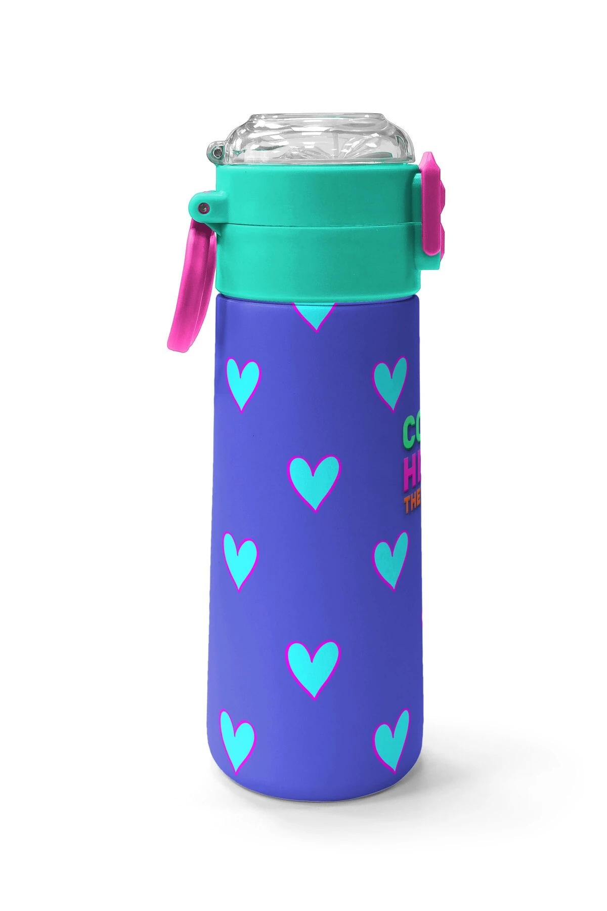 Coral High Kids Lavanta Pembe Kalp Desenli Pipetli ve Direkt İçim Çelik Termos 500 ml