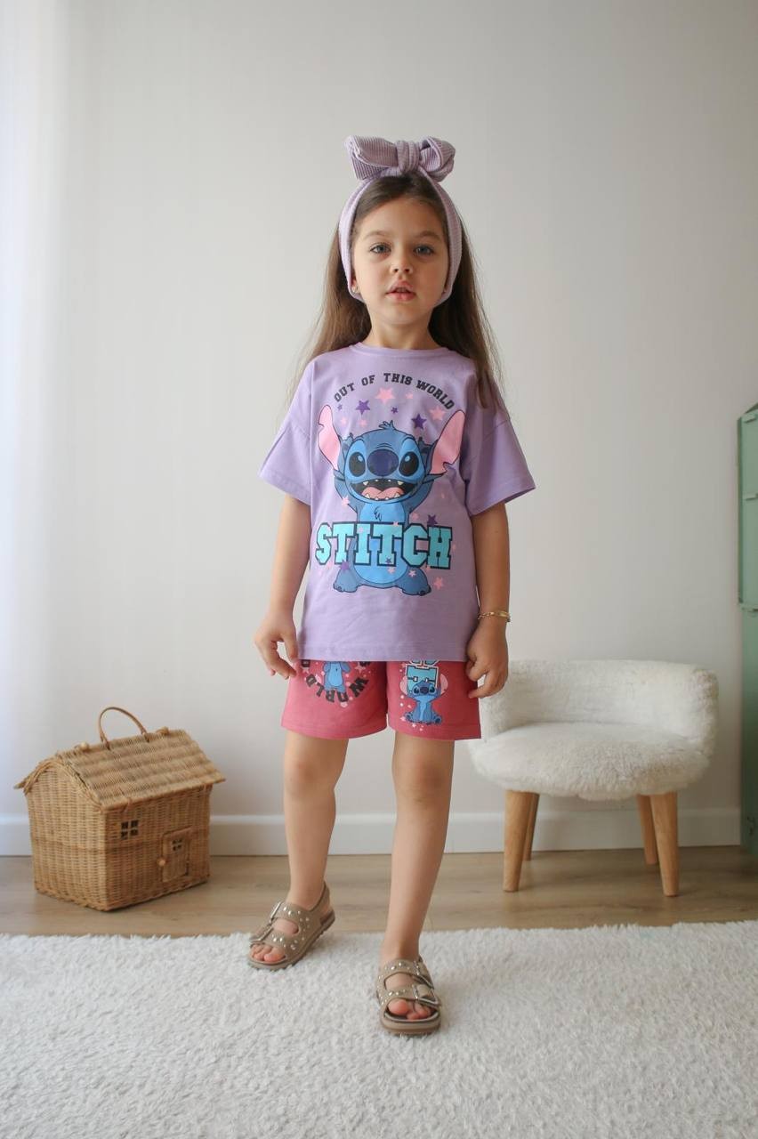3-10 YAŞ KIZ ÇOCUK STITCH OUT OF WORLD ŞORT TAKIM - LİLA
