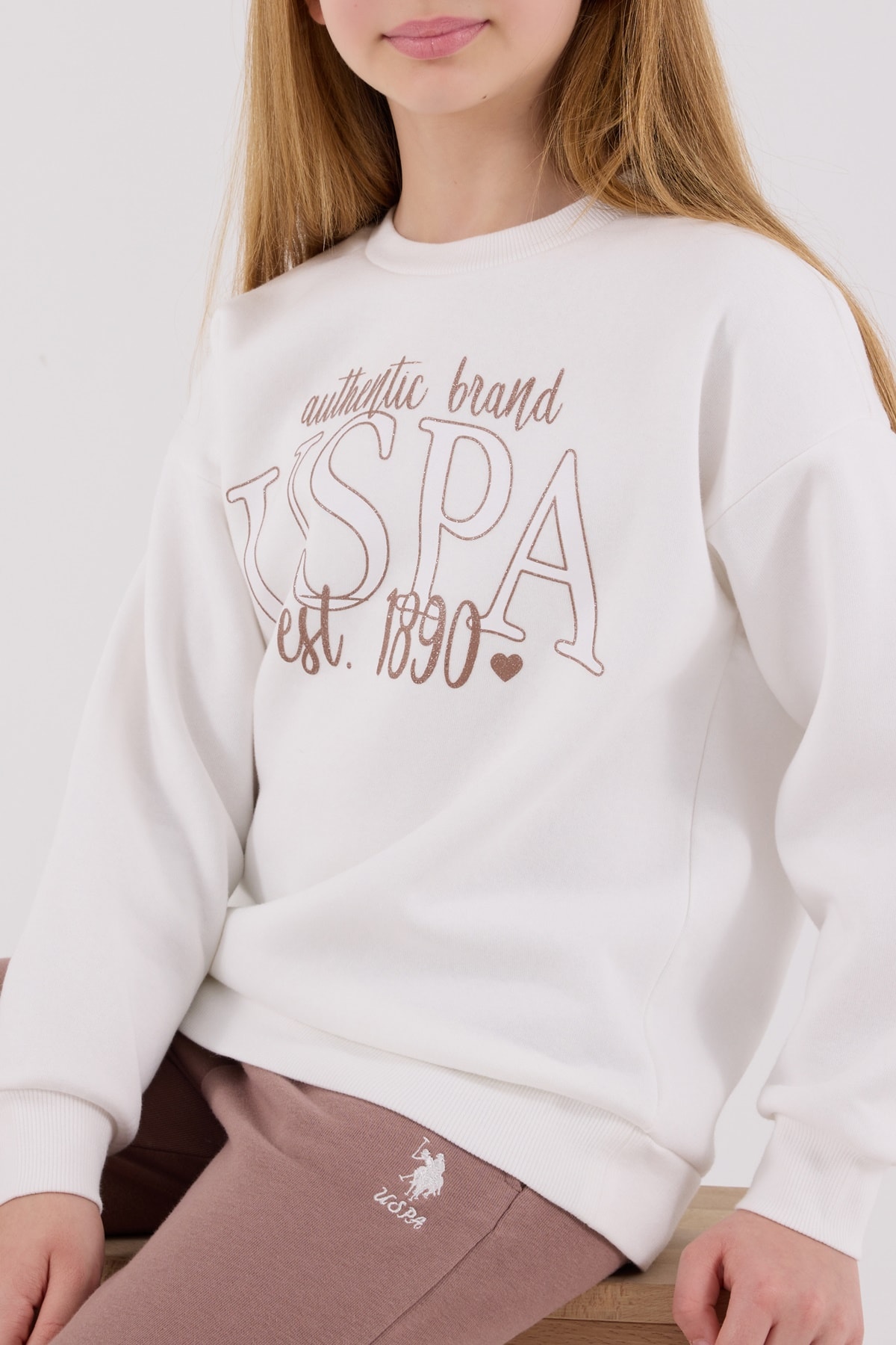4-15 Yaş Kız Çocuk US Polo Assn Lisanslı Beyaz Sweatshirt Kahverengi Alt Eşofman Takımı