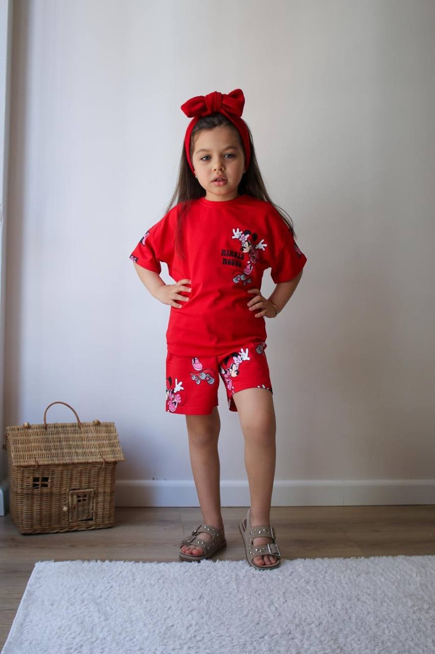 3-10 YAŞ KIZ ÇOCUK MINNIE MOUSE KAYKAY ŞORTLU TAKIM - KIRMIZI