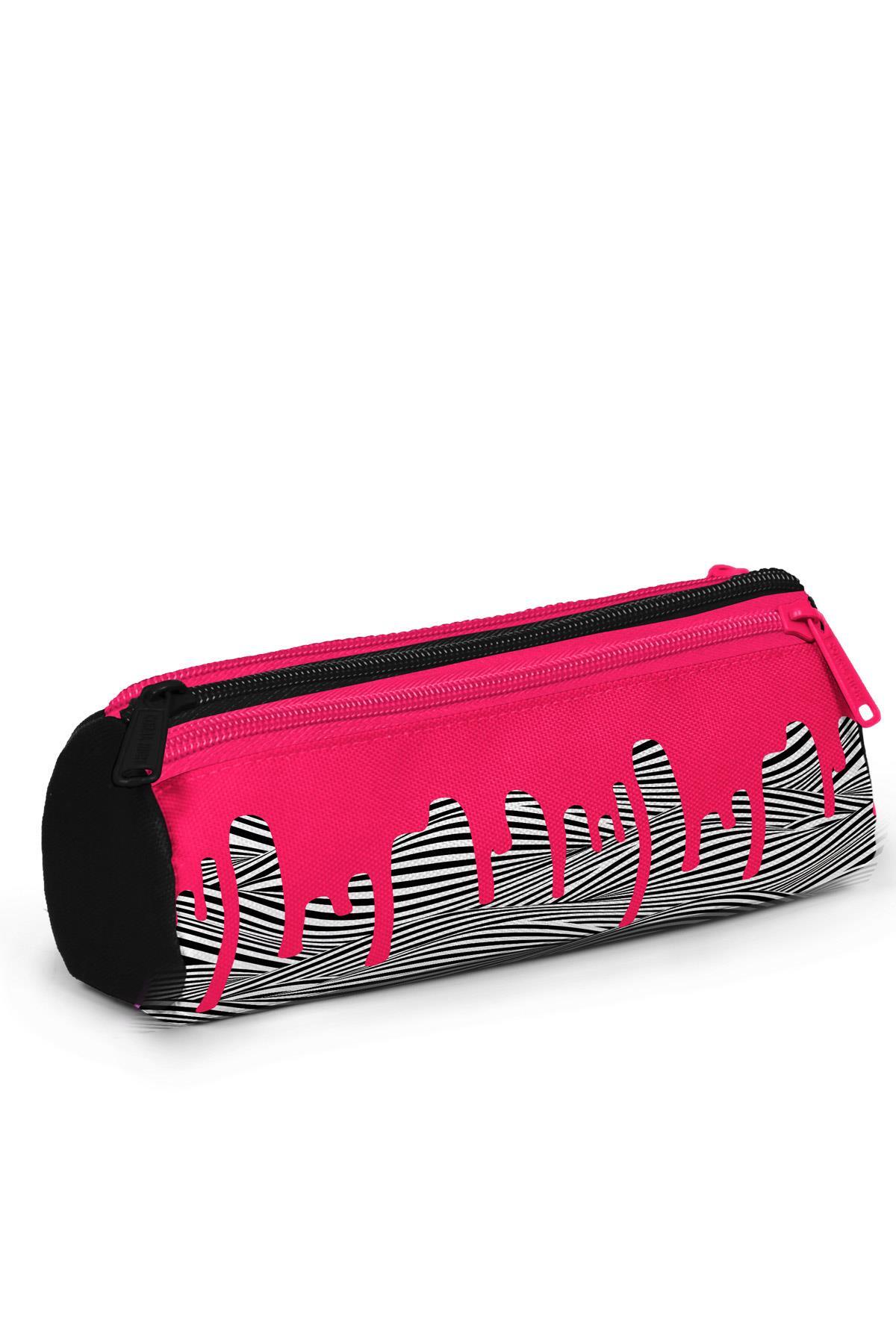Coral High Kids Pembe Siyah Beyaz Desenli Üç Bölmeli Kalem Çantası