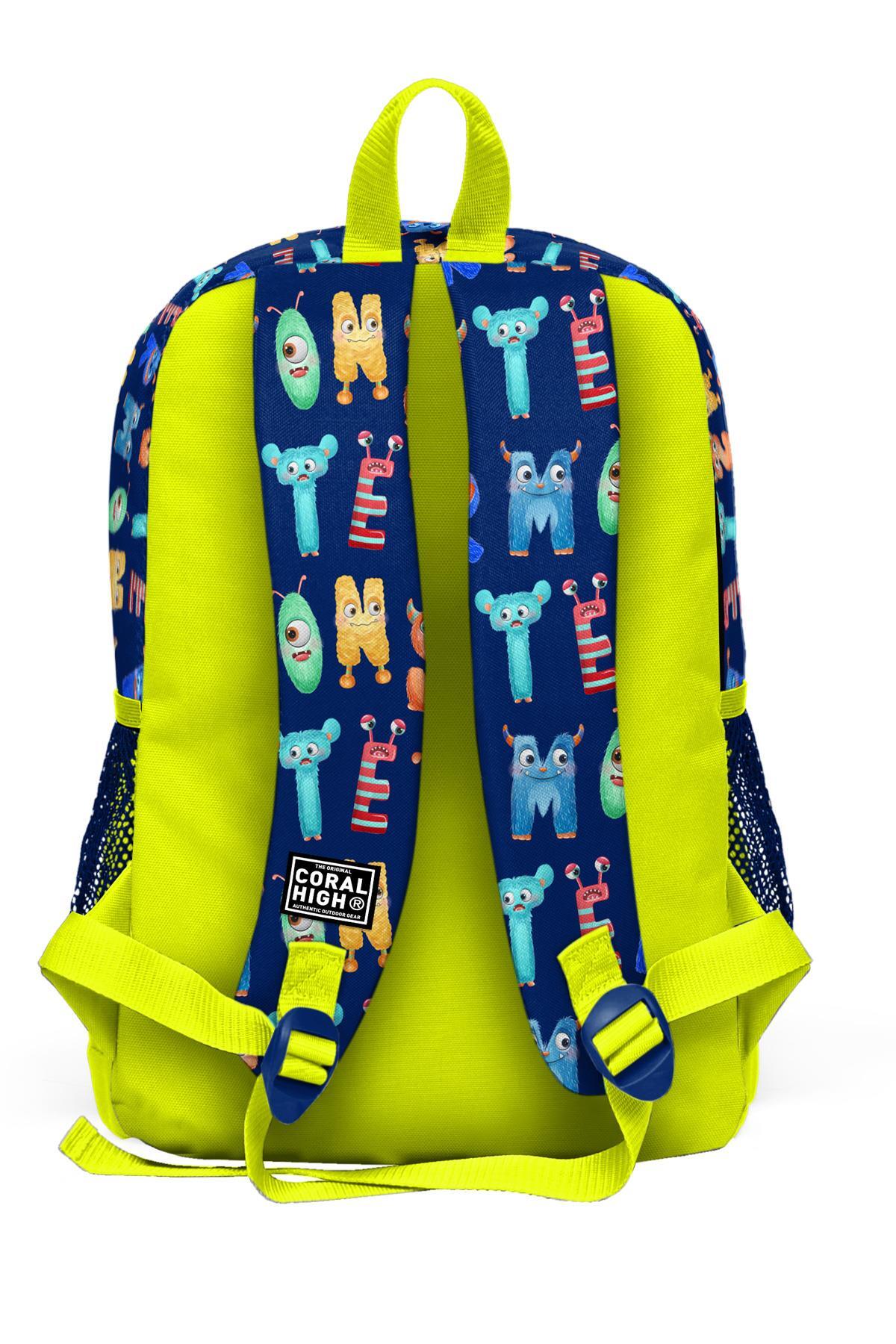 Coral High Kids Lacivert Neon Sarı Monster Desenli Dört Bölmeli Okul Sırt Çantası