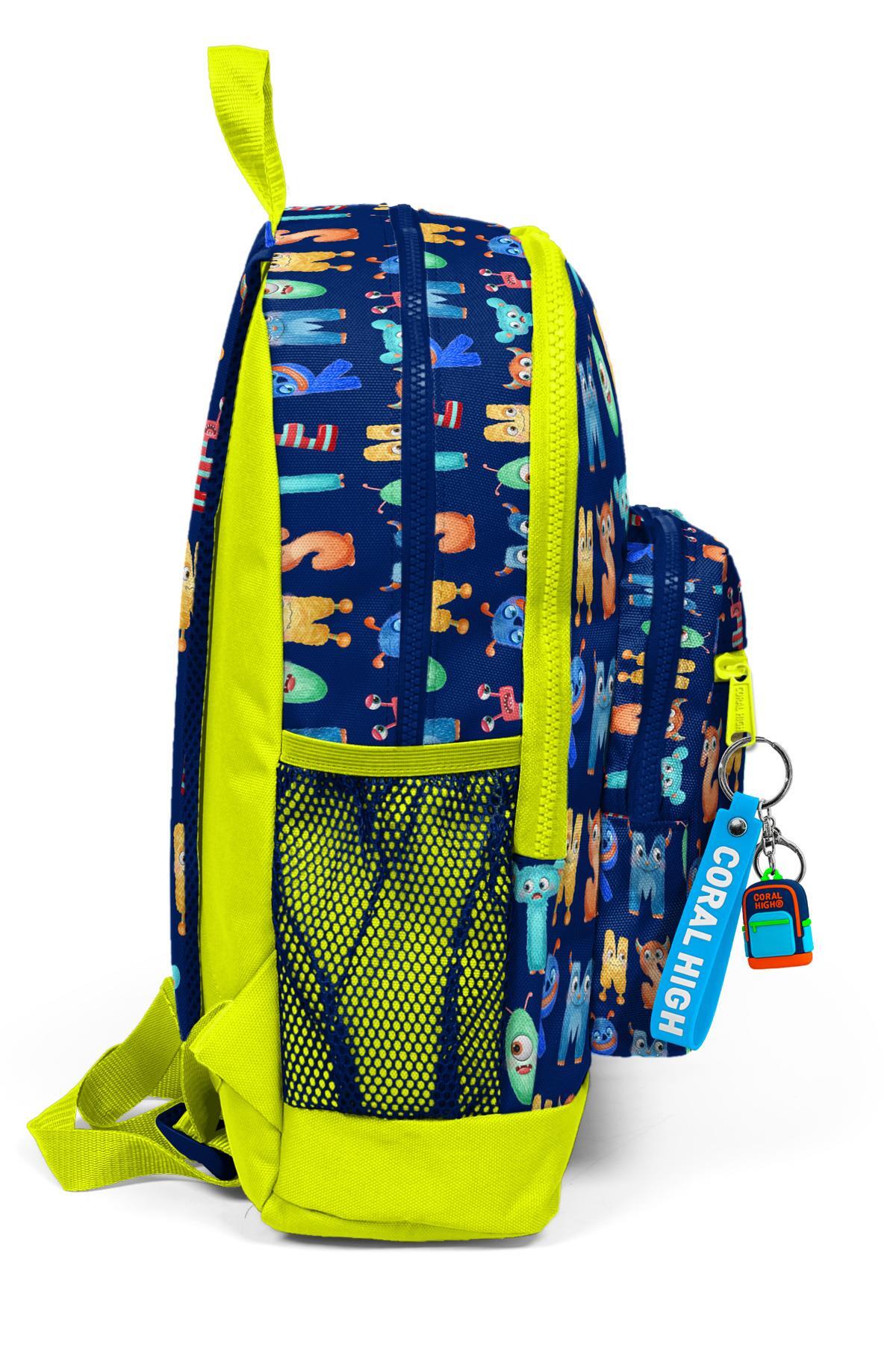Coral High Kids Lacivert Neon Sarı Monster Desenli Dört Bölmeli Okul Sırt Çantası