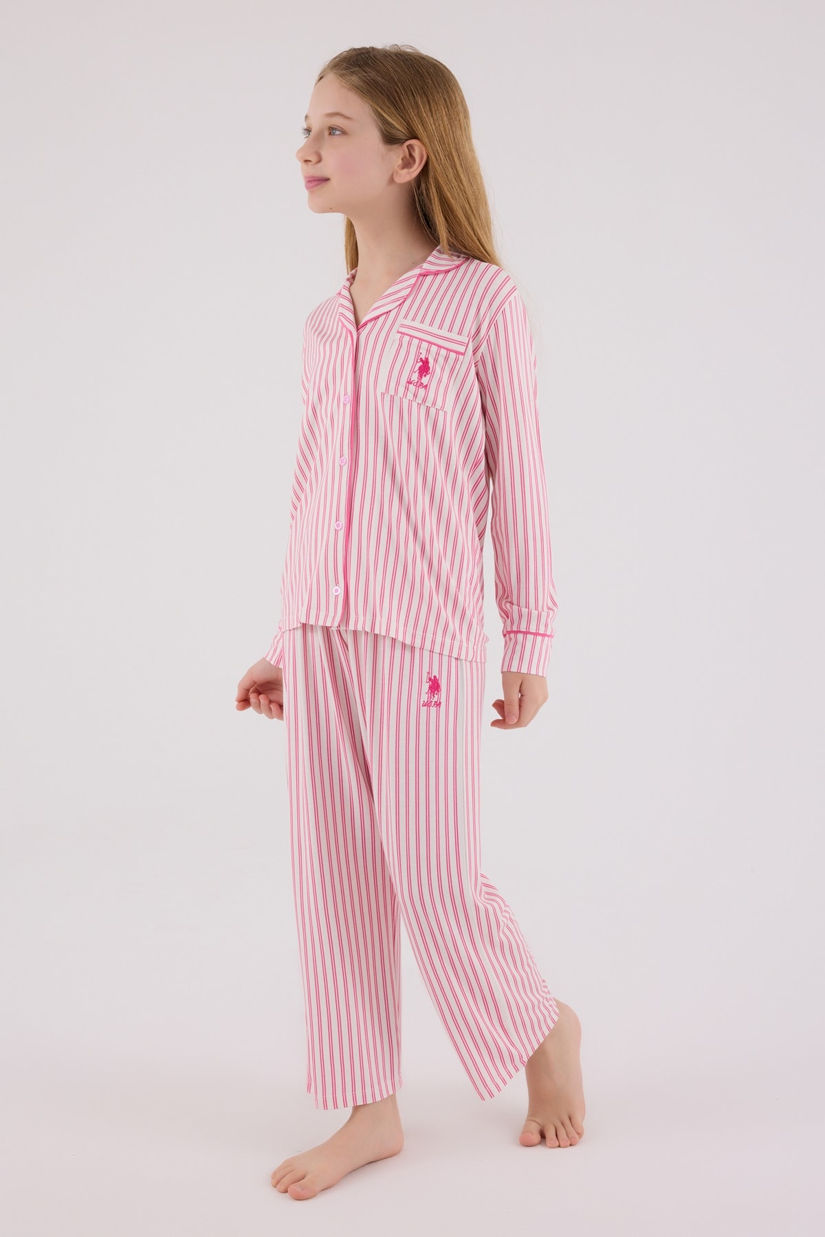 4-15 Yaş Kız Çocuk US Polo Assn Lisanslı Pembe Çizgili Pijama Takımı