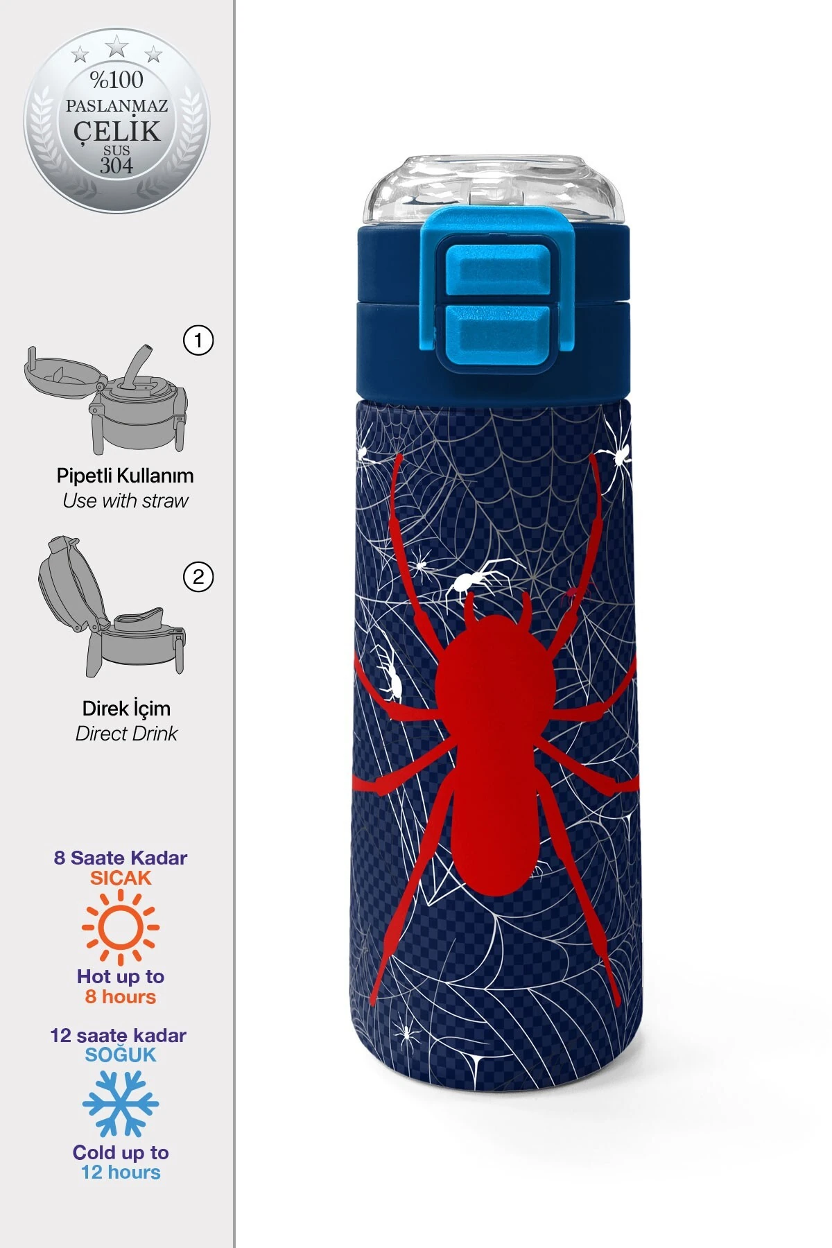 Coral High Kids Lacivert Kırmızı Örümcek Desenli Pipetli ve Direkt İçim Çelik Termos 500 ml