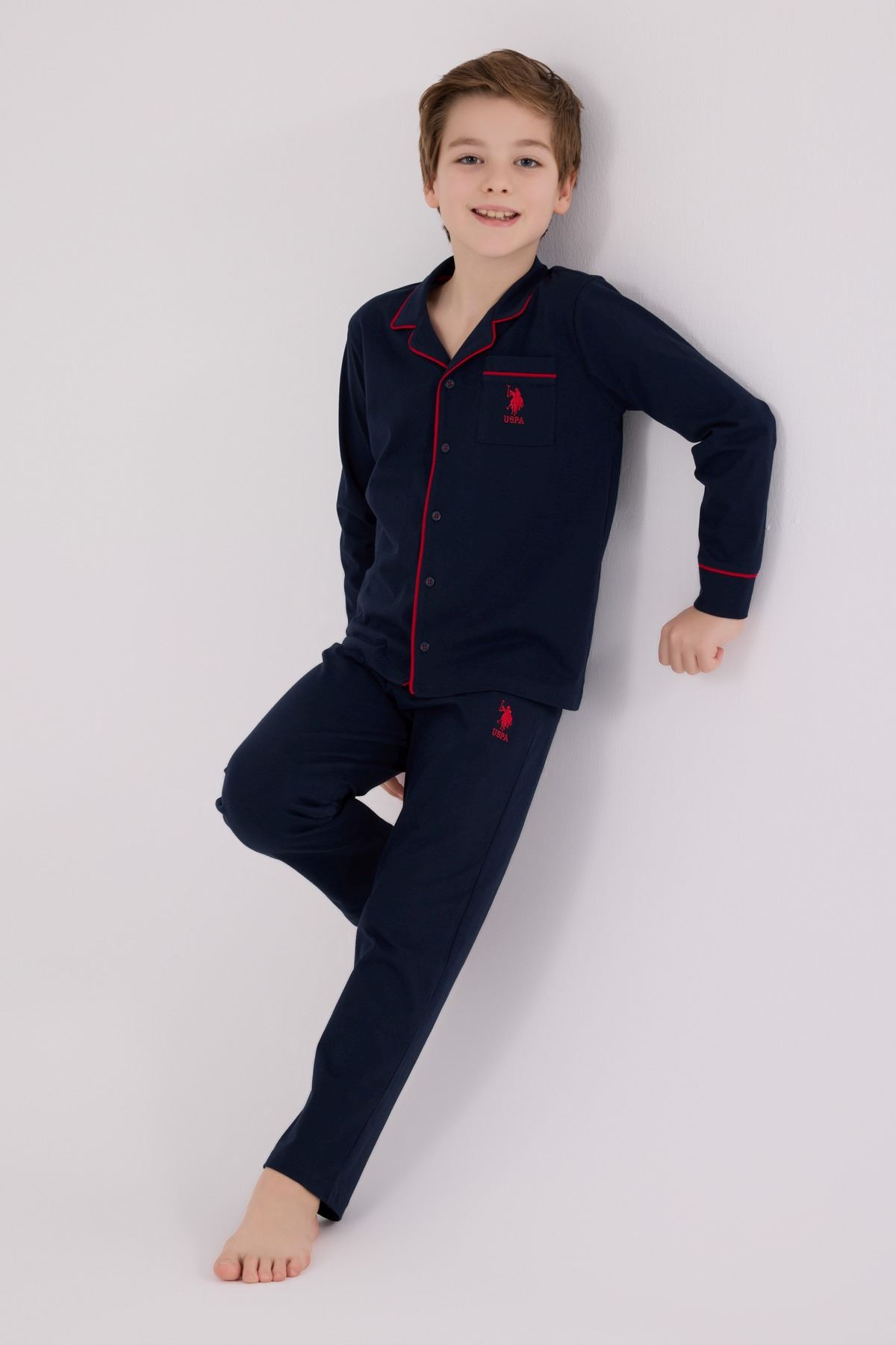 4-15 Yaş Lisanslı Us Polo Assn Erkek Çocuk Pijama Takım-Lacivert