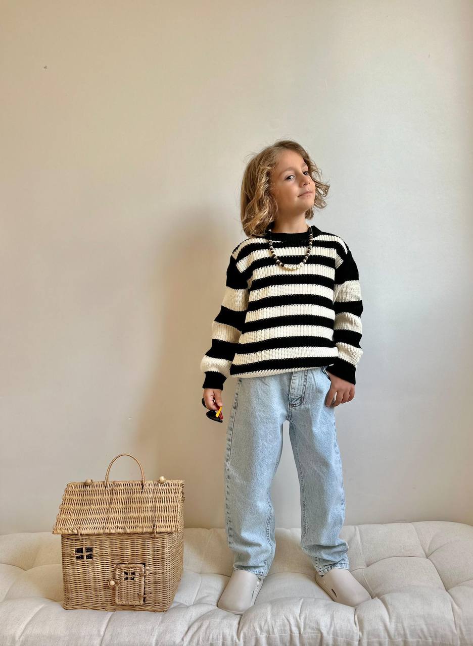 3-10 Yaş Erkek Çocuk Çizgili Triko Kazaklı Jean Pantolon Takım