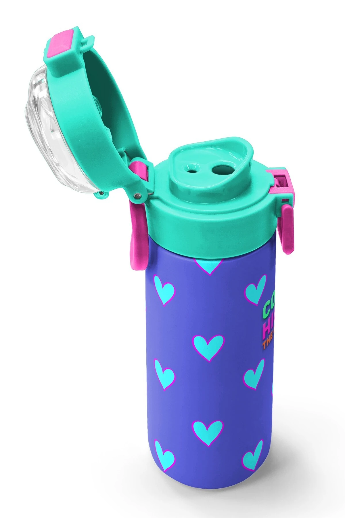 Coral High Kids Lavanta Pembe Kalp Desenli Pipetli ve Direkt İçim Çelik Termos 500 ml