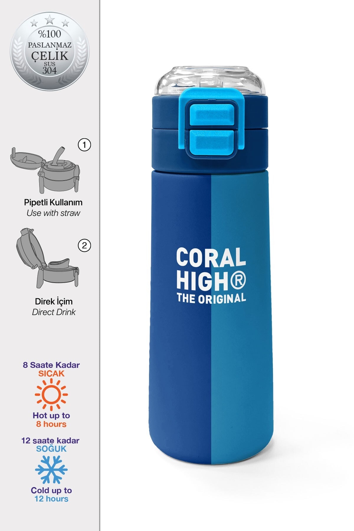 Coral High Kids Lacivert Mavi Çizgili Pipetli ve Direkt İçim Çelik Termos 500 ml