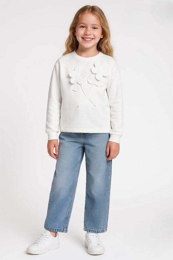 5-14 Yaş Kız Çocuk Çiçek Desenli Sweatshirt ve Jean Pantolon Takım