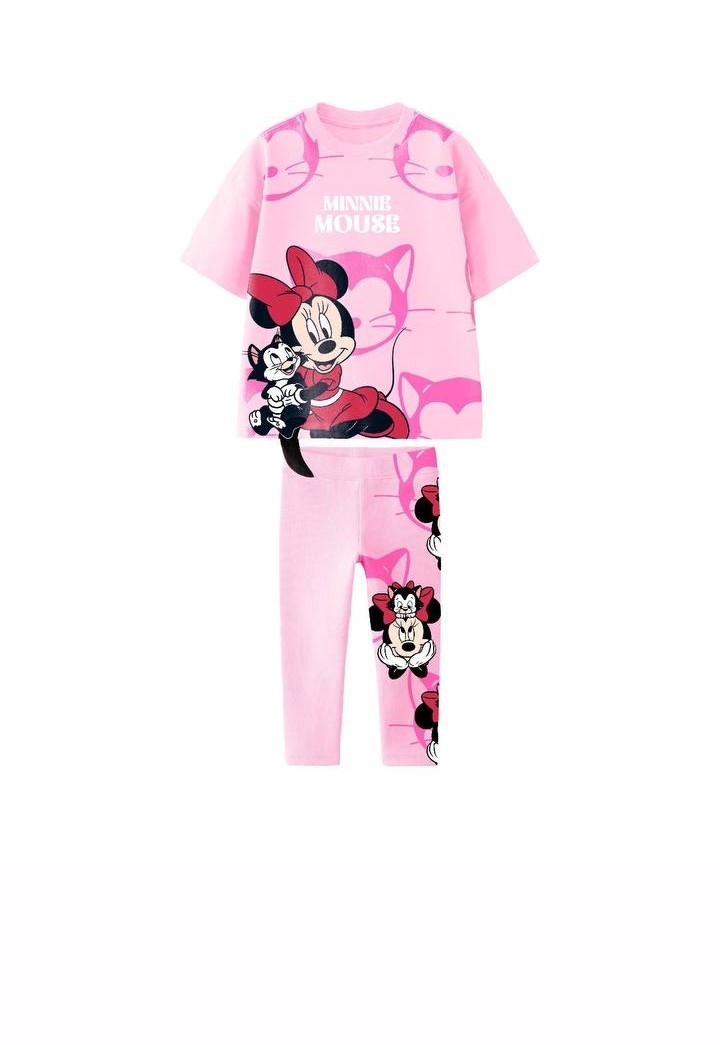 2-8 Yaş Minnie Mouse Pembe Kız Çocuk Tayt Takımı