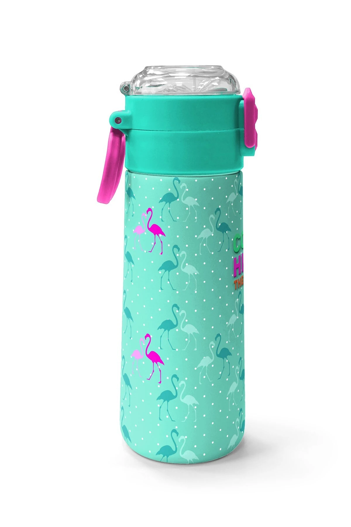 Coral High Kids Su Yeşili Neon Pembe Flamingo Desenli Pipetli ve Direkt İçim Çelik Termos 500 ml