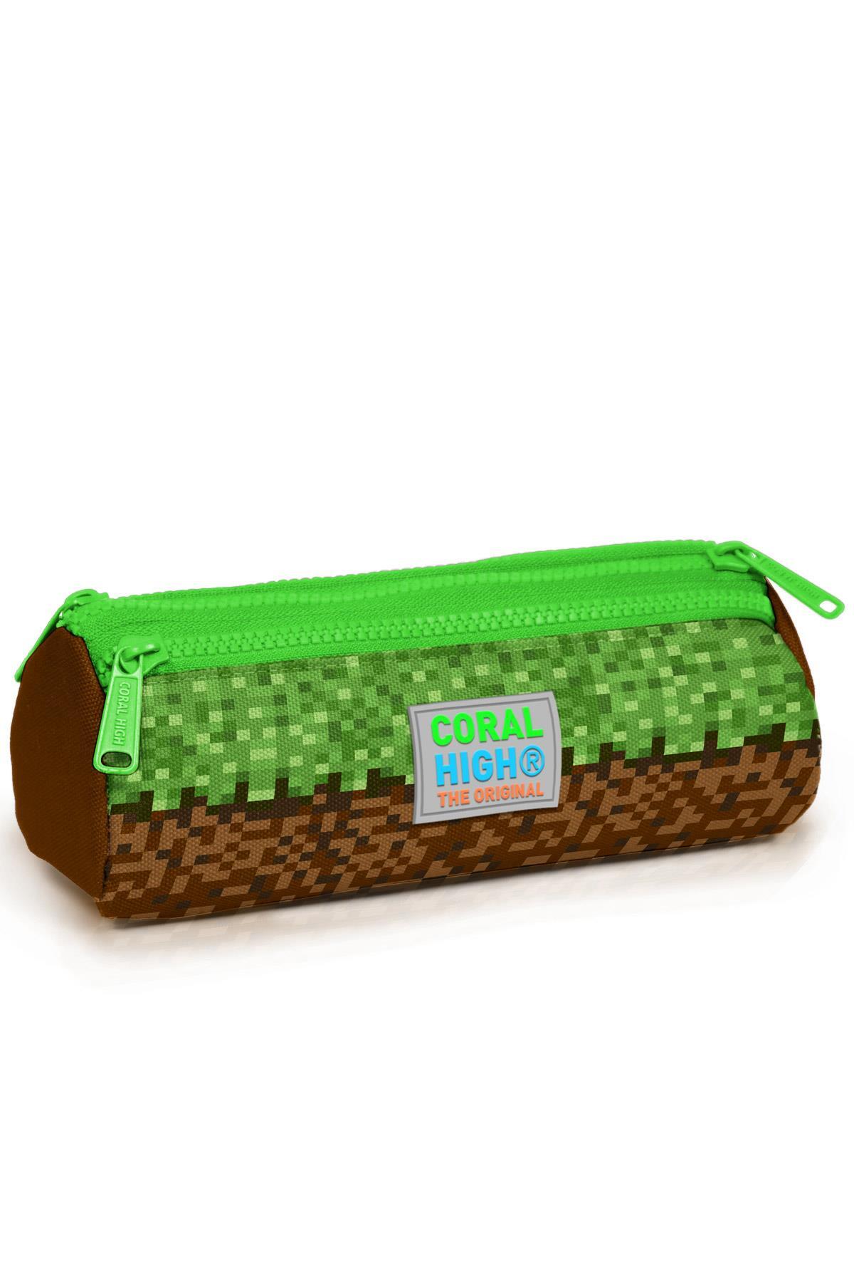 Coral High Kids Yeşil Kahverengi High Craft Desenli Üç Bölmeli Kalem Çantası