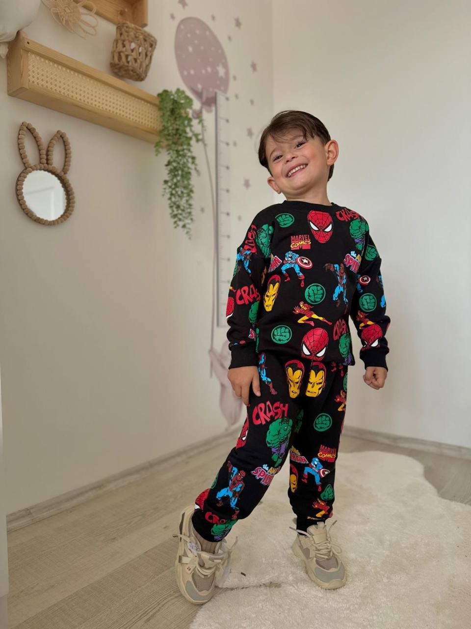 3-10 Yaş Marvel Comics Baskılı Çocuk Eşofman Takımı – Siyah