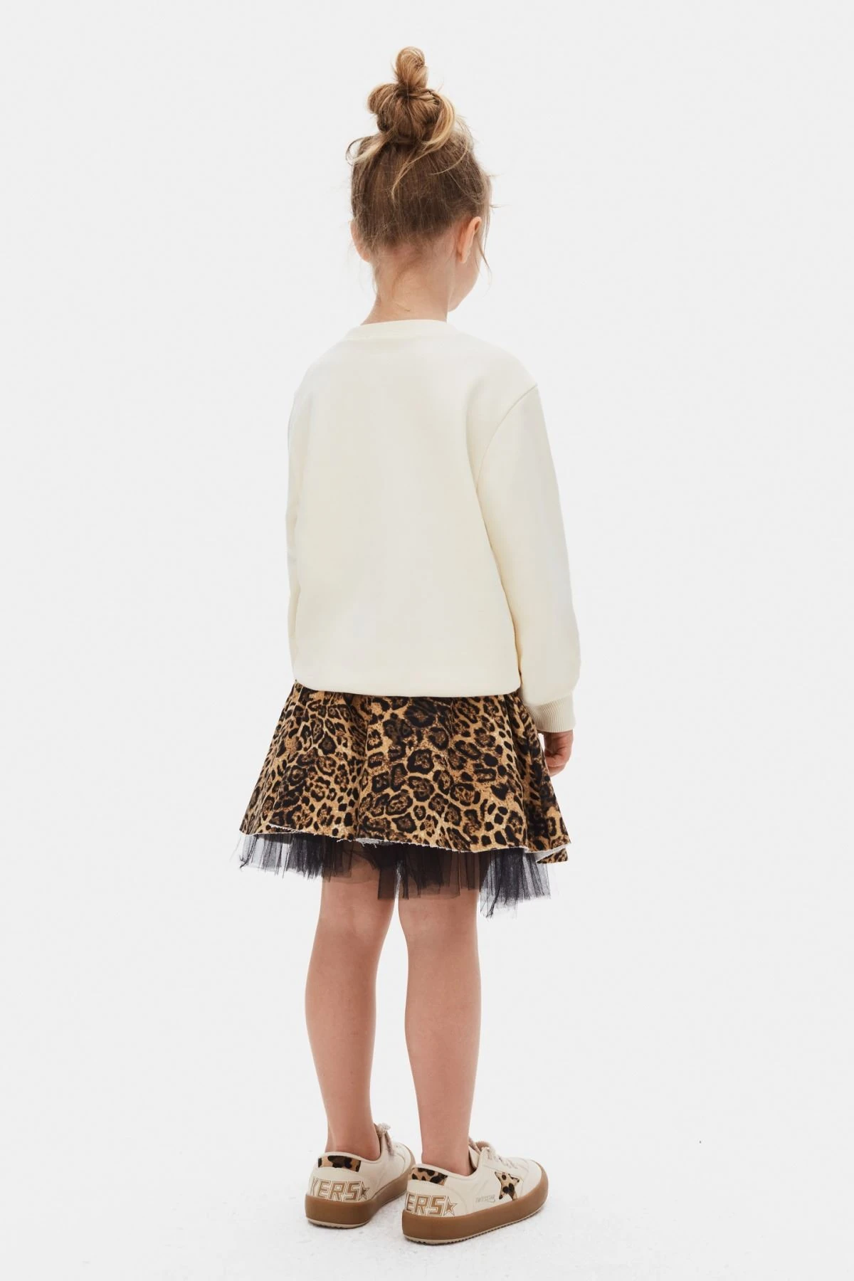 4-8 Yaş Kız Çocuk Fiyonk Baskılı Leopar Desenli Tül Etekli Zarif Dantelli Takım