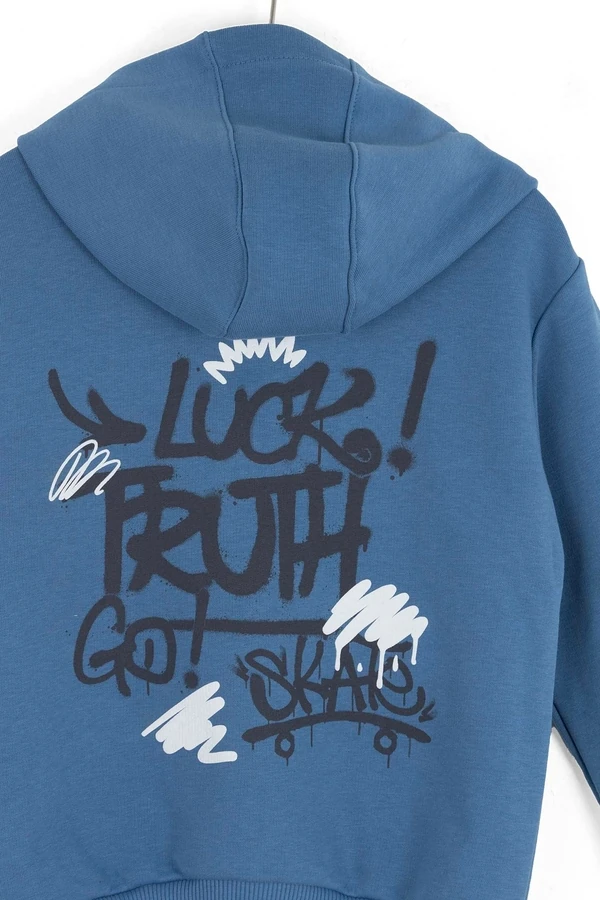 4-8 Yaş Erkek Çocuk Graffiti Baskılı Kapüşonlu Mavi Fermuarlı Sweatshirt