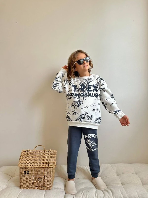 3-10 Yaş Erkek Çocuk T-Rex Dinosaur Baskılı 3 İplik Şardonlu Eşofman Takımı