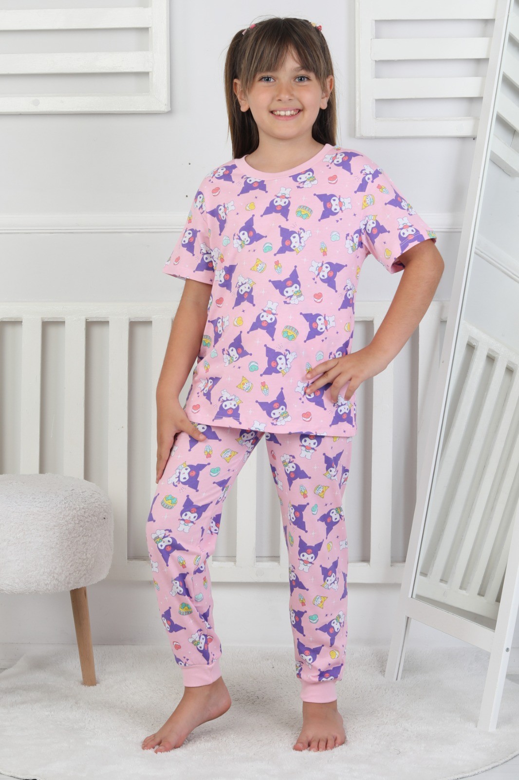 3-8 YAŞ KIZ ÇOCUK KUROMİ BASKILI SÜPREM TSHİRT PİJAMA TAKIM