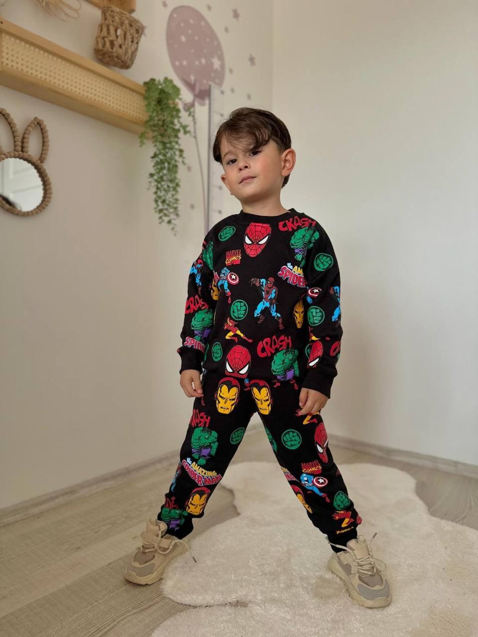 3-10 Yaş Marvel Comics Baskılı Çocuk Eşofman Takımı – Siyah