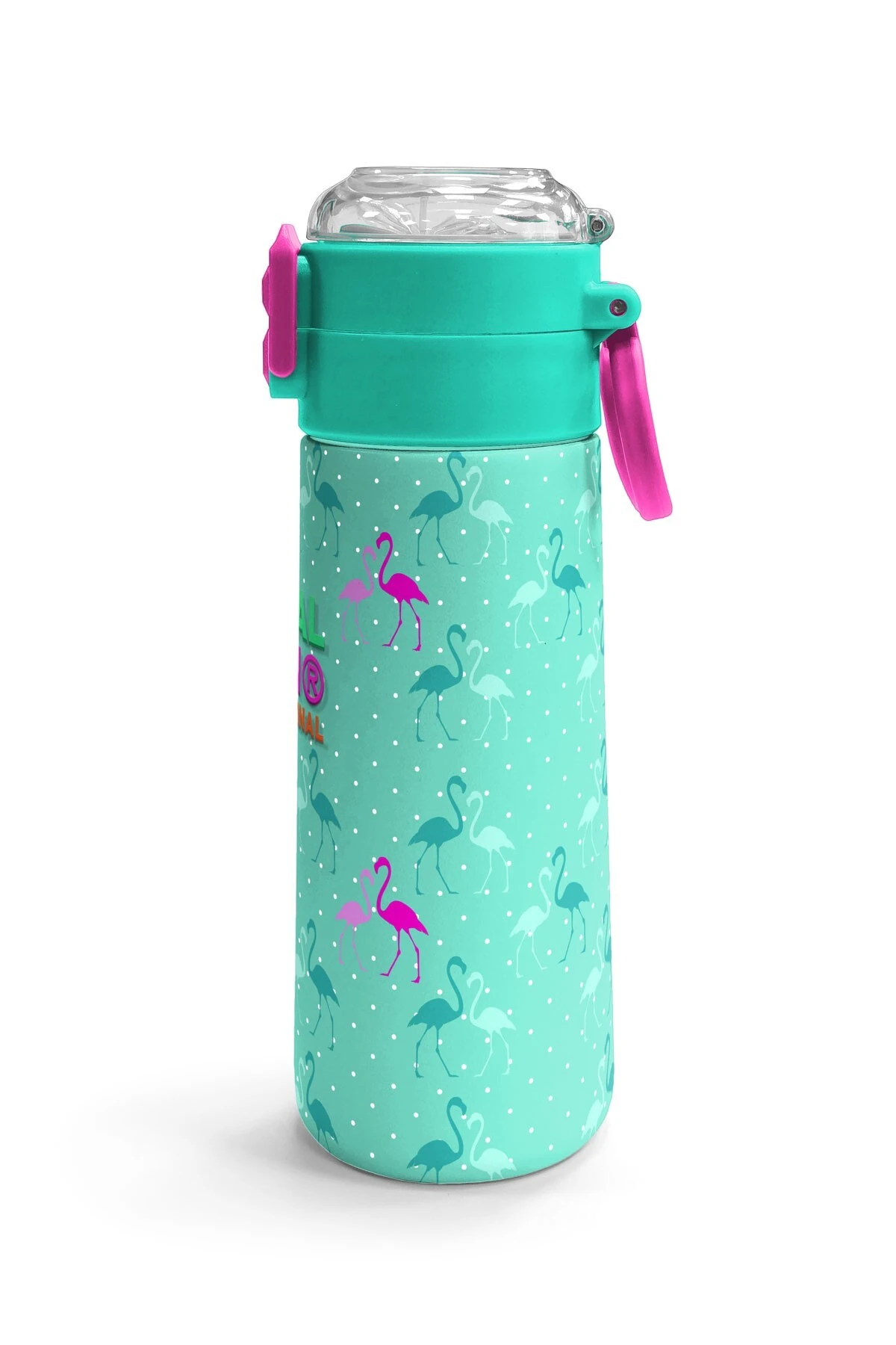 Coral High Kids Su Yeşili Neon Pembe Flamingo Desenli Pipetli ve Direkt İçim Çelik Termos 500 ml