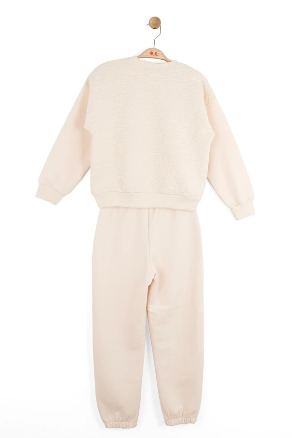 8-14 Yaş Kız Çocuk Verona Krem Dokulu Sweatshirt ve Eşofman Altı İkili Takım