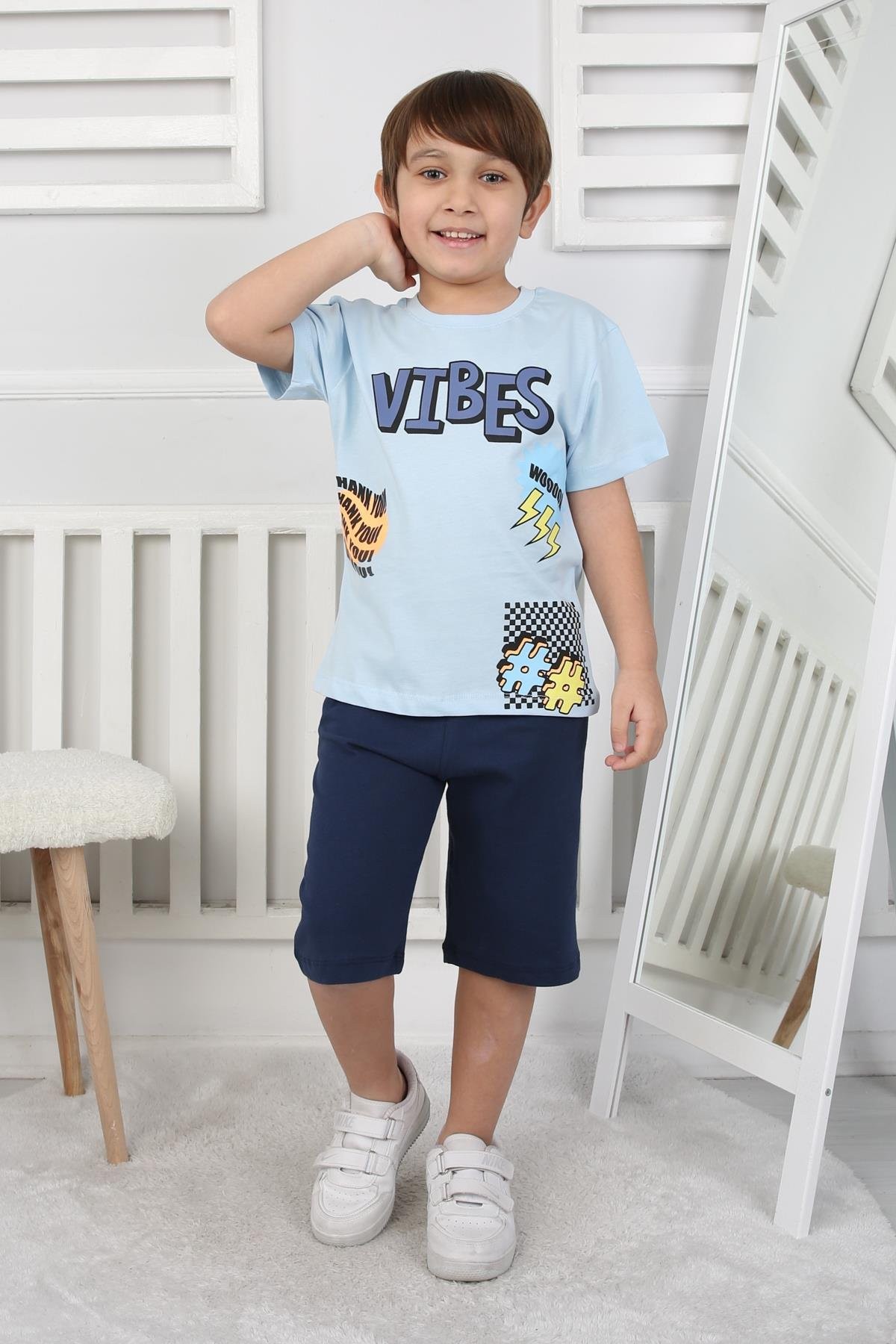3-12 YAŞ ERKEK ÇOCUK VIBES BASKILI ŞORTŞU SÜPREM PİJAMA TAKIM