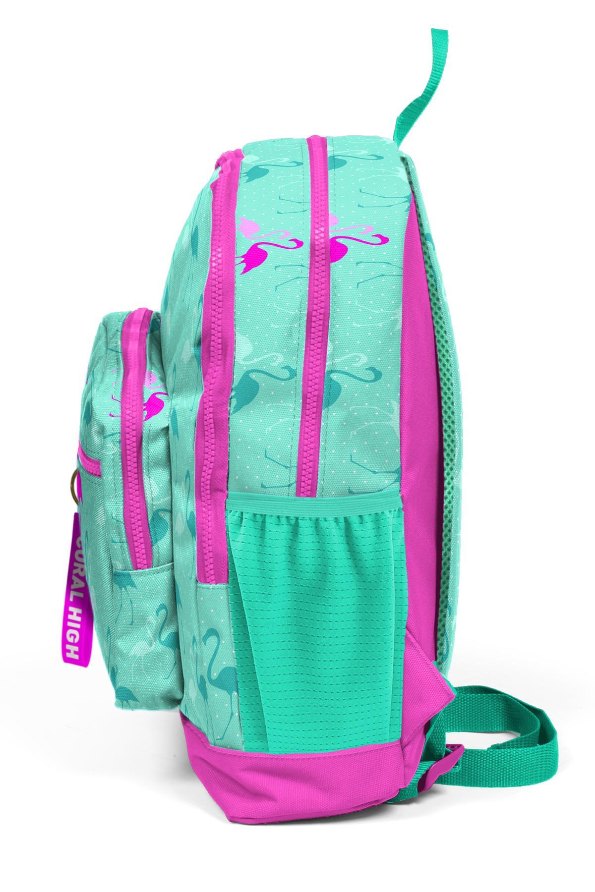 Coral High Kids Su Yeşili Neon Pembe Flamingo Desenli Dört Bölmeli Okul Sırt Çantası
