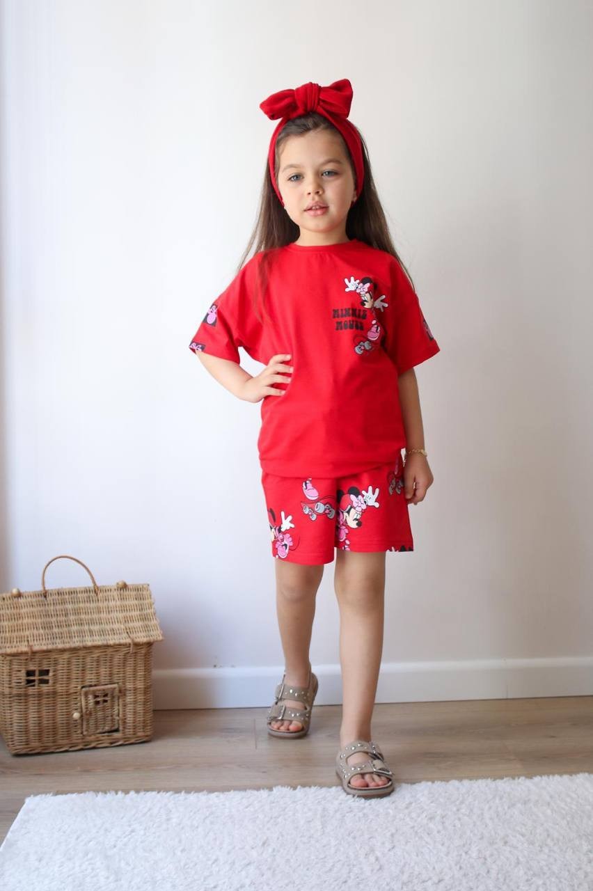 3-10 YAŞ KIZ ÇOCUK MINNIE MOUSE KAYKAY ŞORTLU TAKIM - KIRMIZI