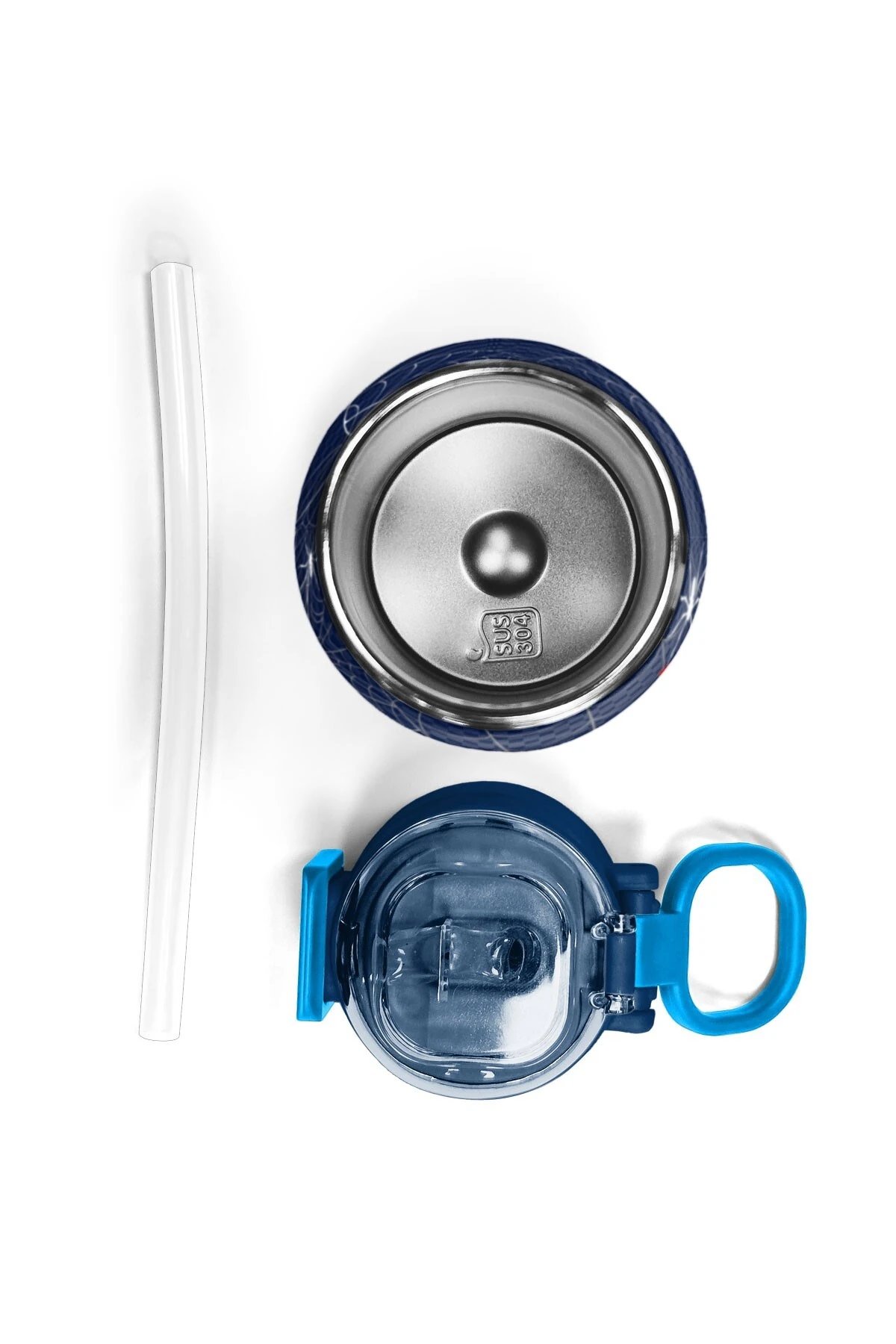 Coral High Kids Lacivert Kırmızı Örümcek Desenli Pipetli ve Direkt İçim Çelik Termos 500 ml